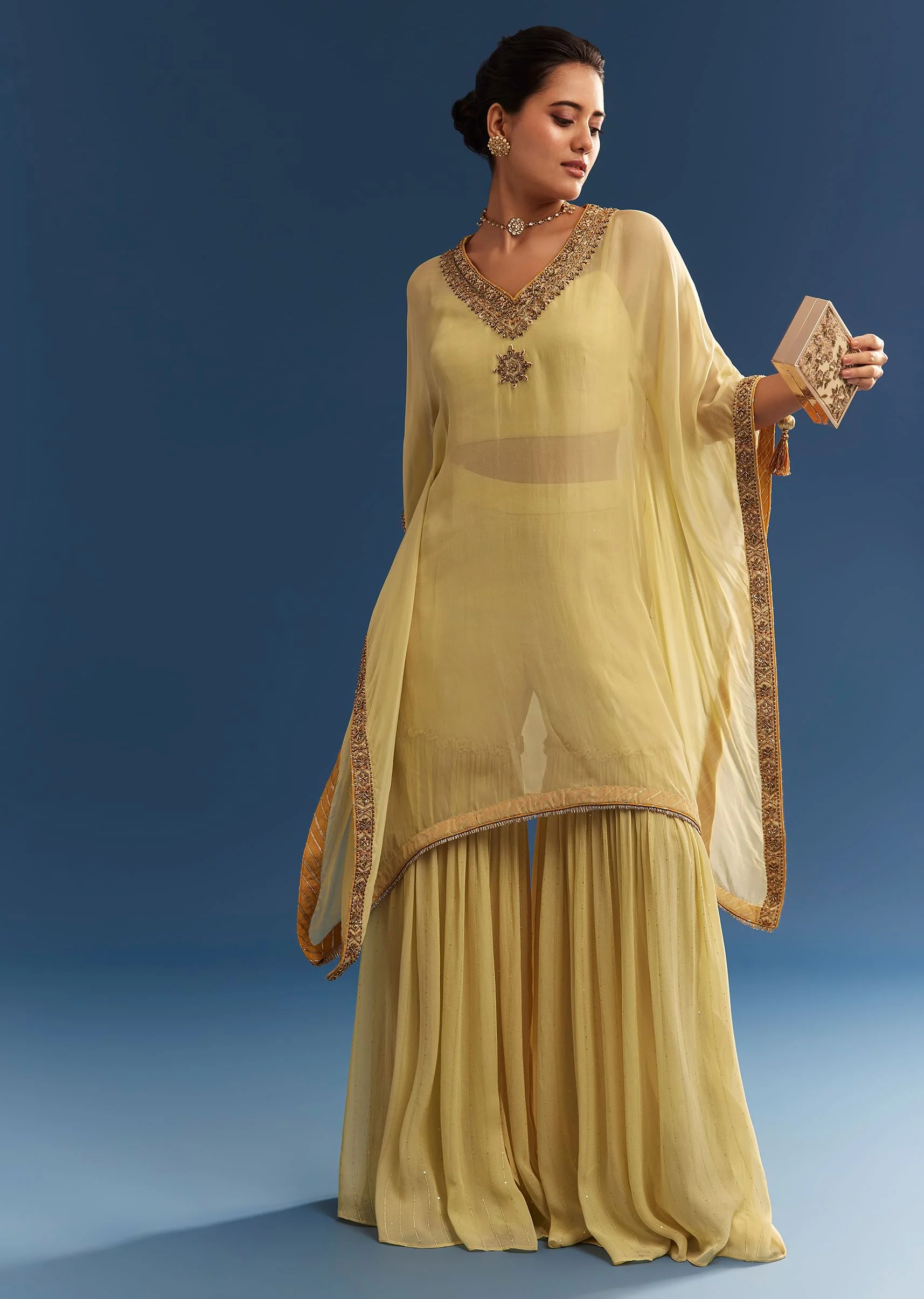 Light Yellow Embroidered Kaftan Sharara Set In Organza - Image 3