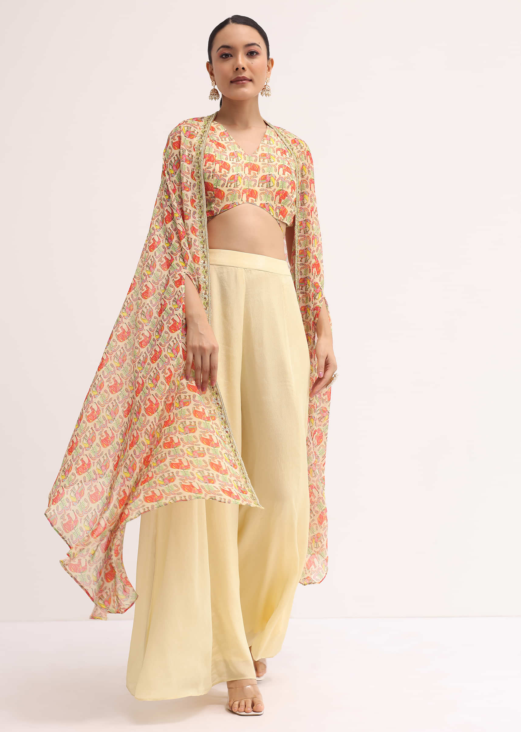 Light Yellow Printed Organza Palazzo Set With Jacket - Image 3