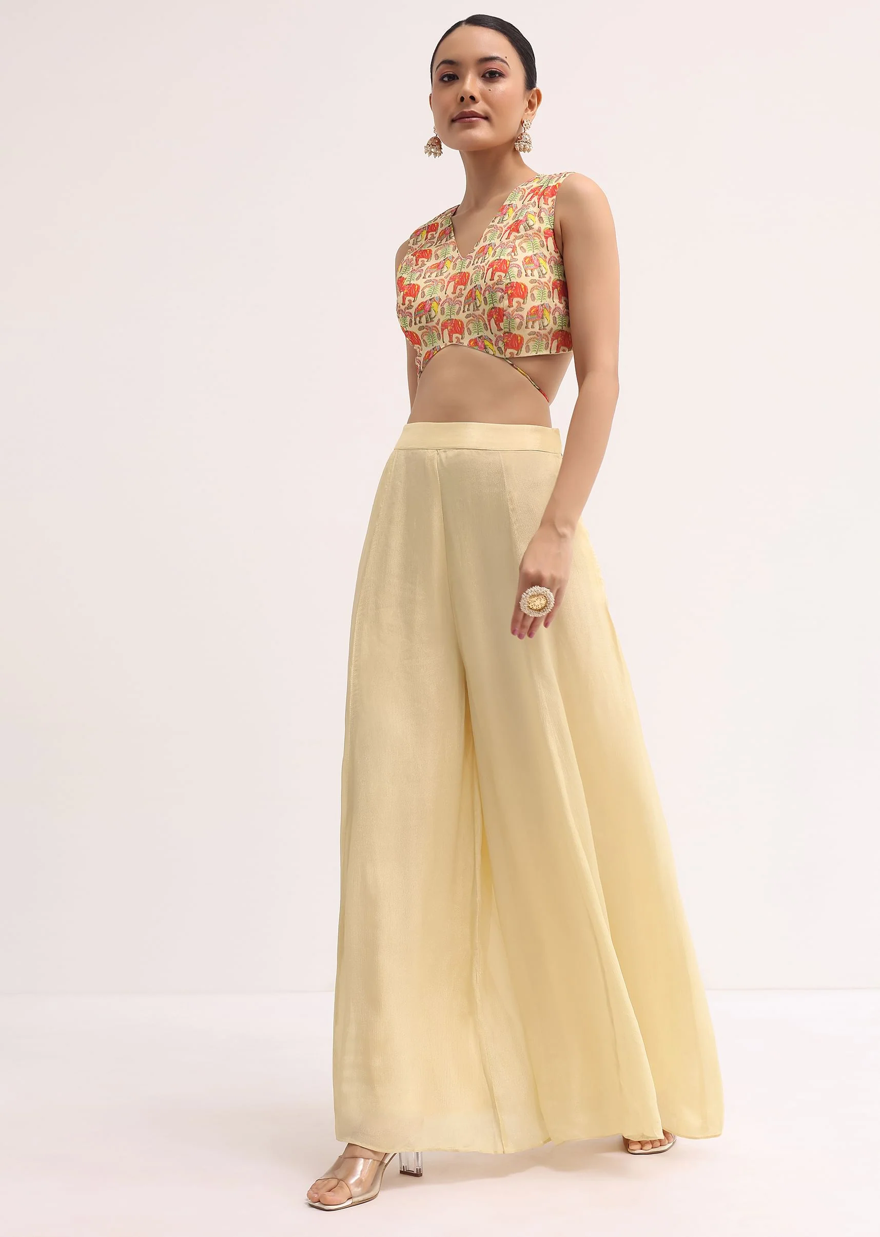 Light Yellow Printed Organza Palazzo Set With Jacket - Image 5