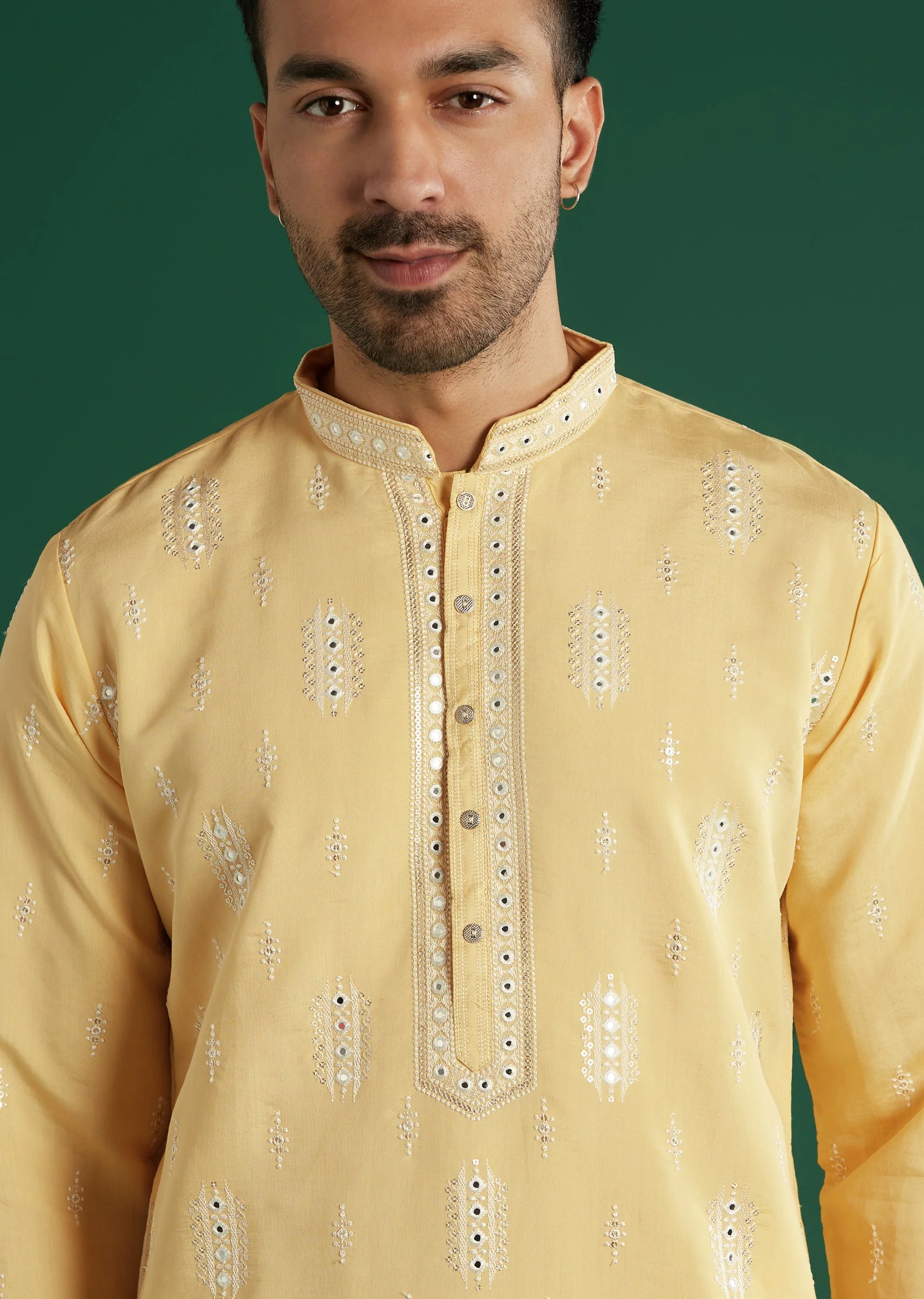 Light Yellow Silk Kurta Set For Men With Mirror And Resham Embroidery - Image 2