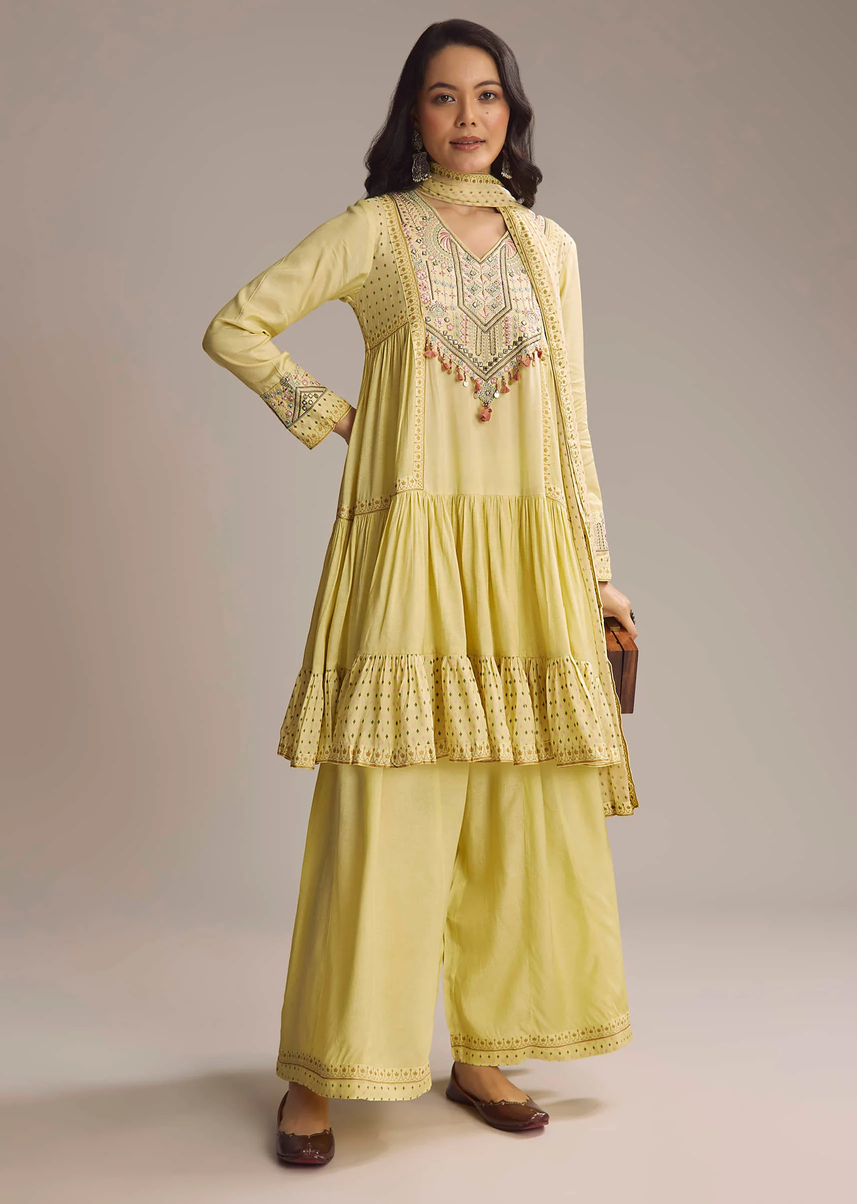 Light Yellow Silk Printed Palazzo Suit With Resham Work - Image 3