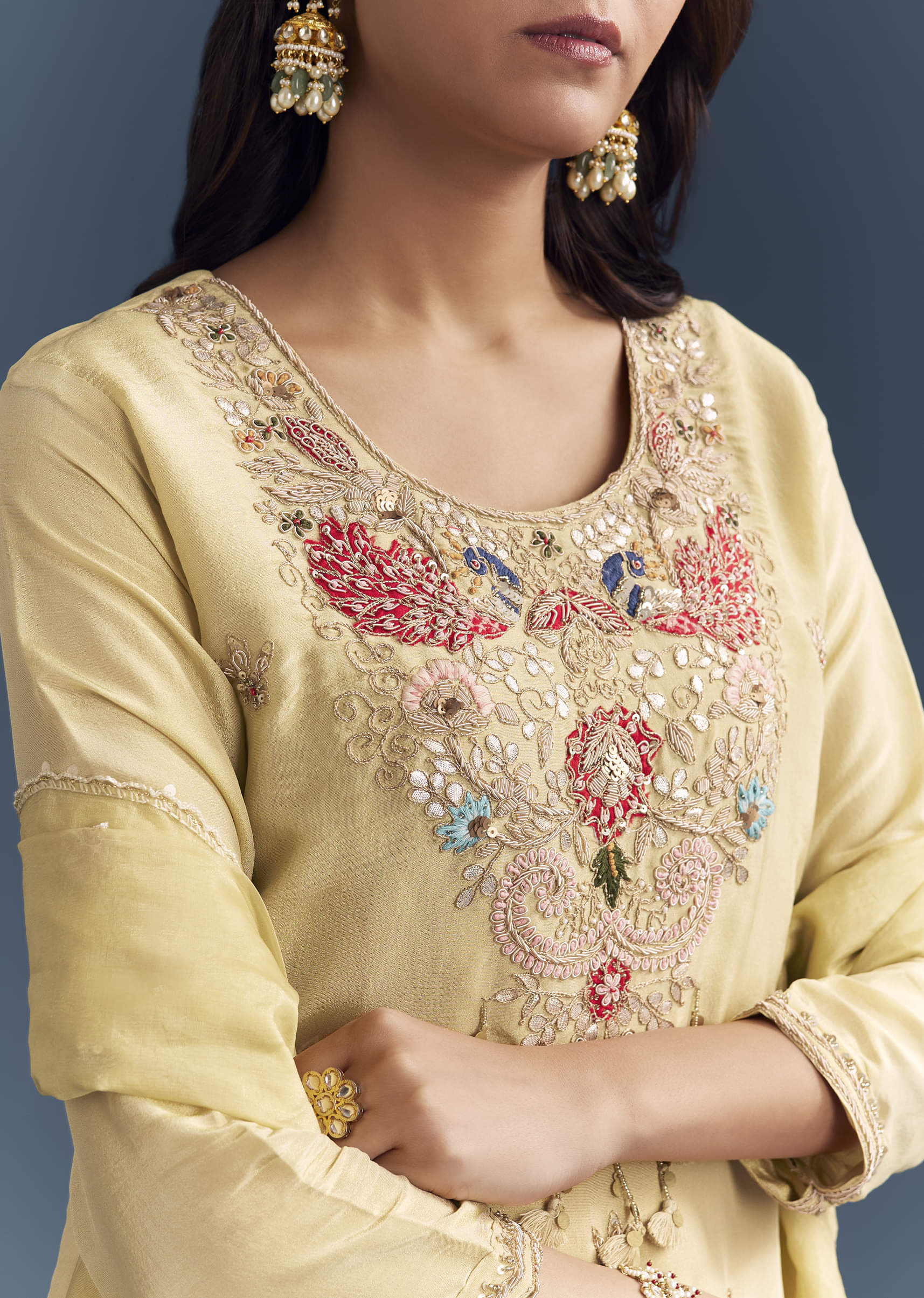 Light Yellow Tissue Palazzo Suit With Zardosi Work - Image 2