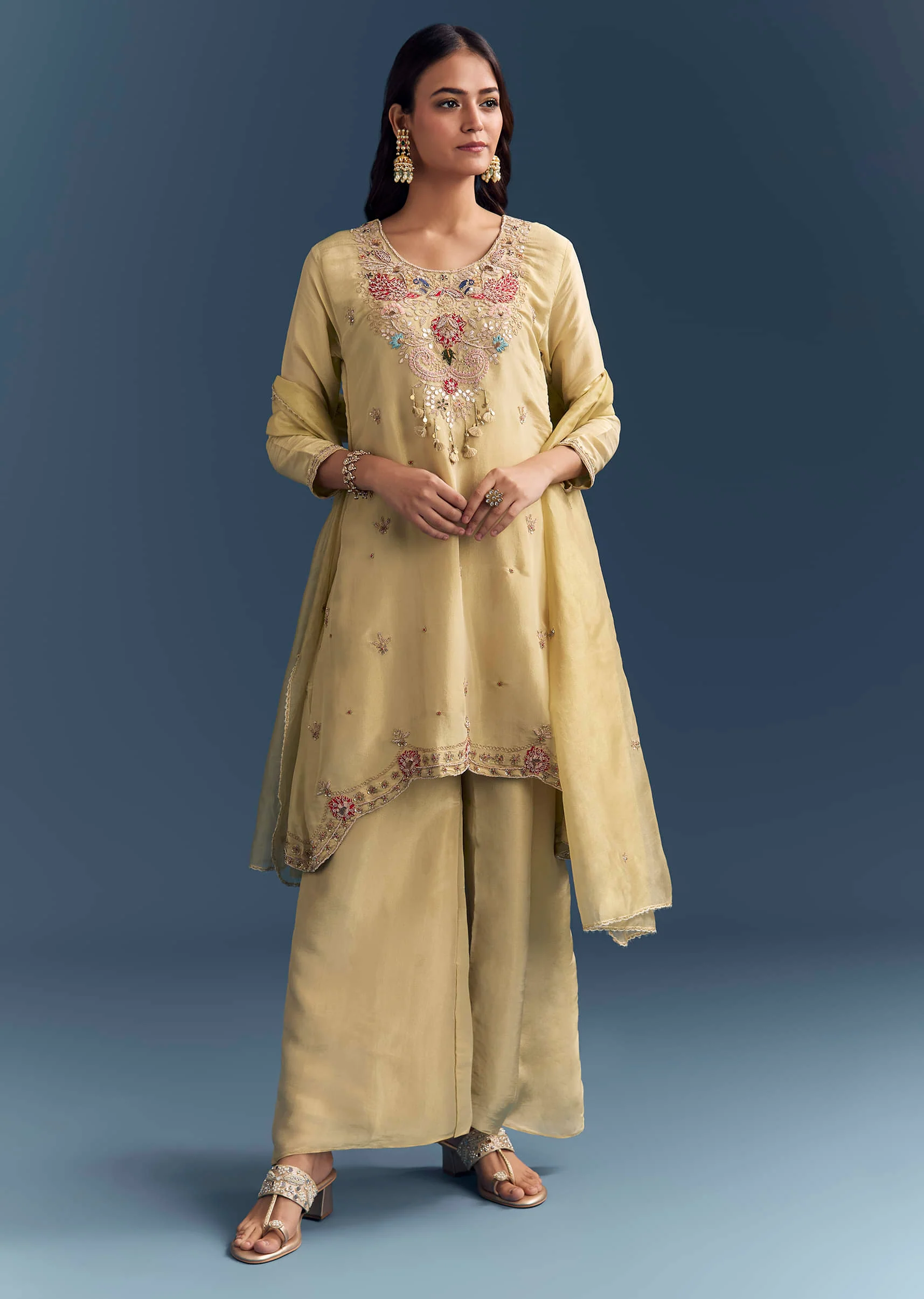 Light Yellow Tissue Palazzo Suit With Zardosi Work - Image 3