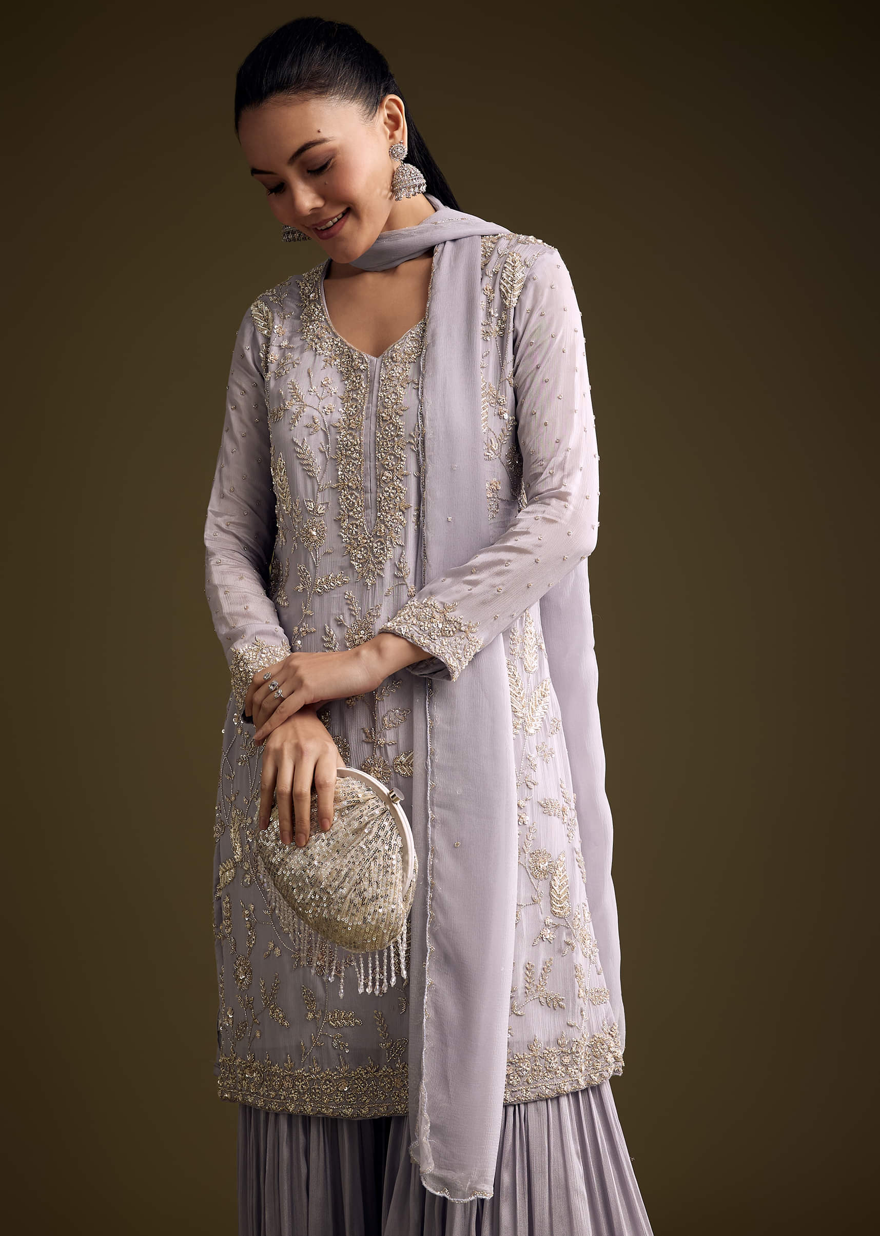 Lilac Chinon Sharara Suit With Cutdana And Sequins Embroidery - Image 4
