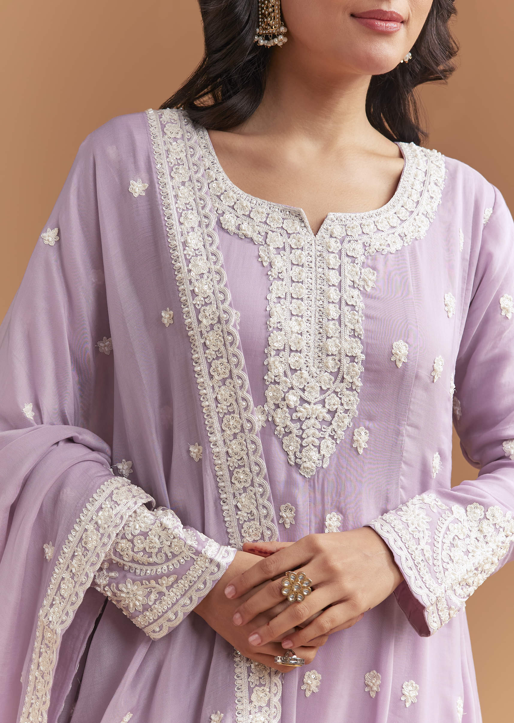 Lilac Cotton Anarkali Suit With Delicate Thread Work - Image 2