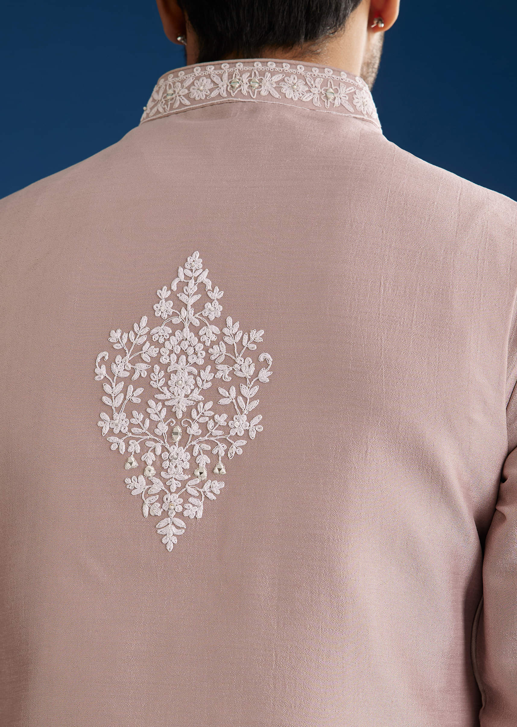 Lilac Cotton Silk Jacket Kurta Set With Mirror And Dori Embroidery - Image 4