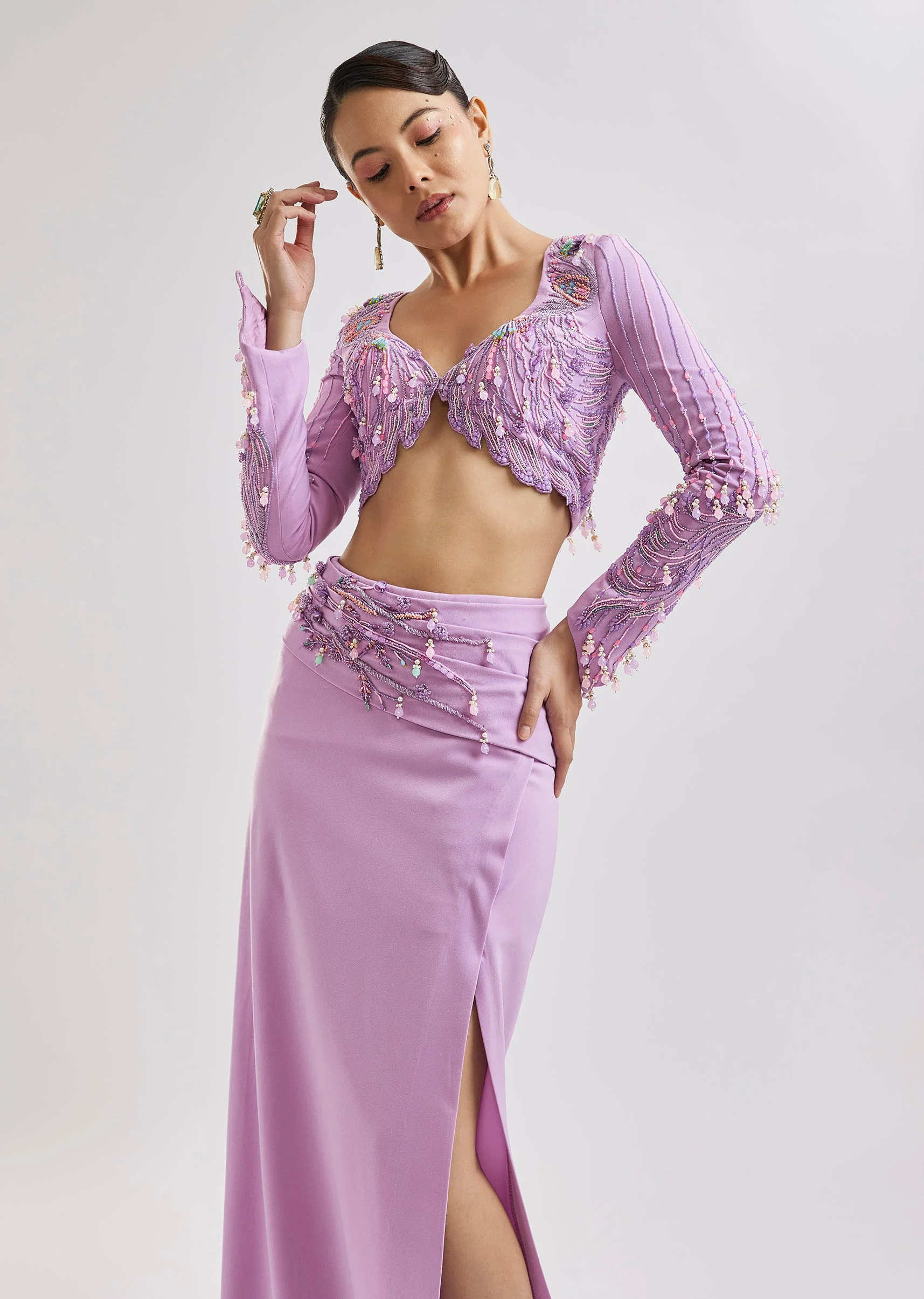 Lilac Embroidered Blouse With Draped Skirt Set - Image 4