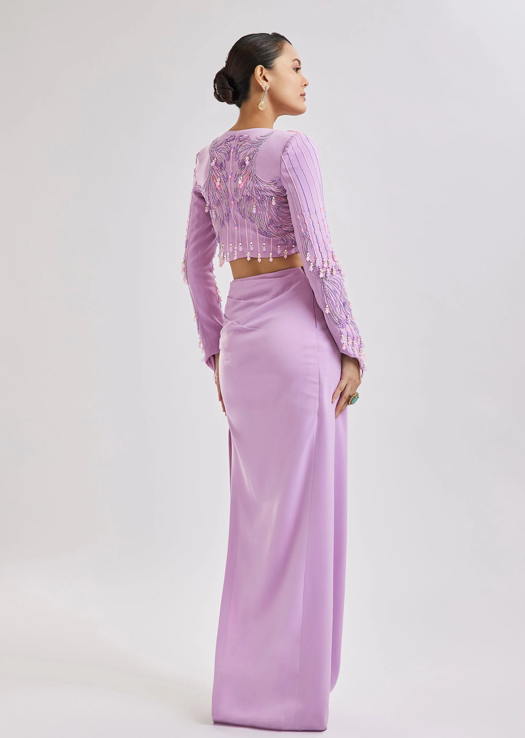 Lilac Embroidered Blouse With Draped Skirt Set - Image 5