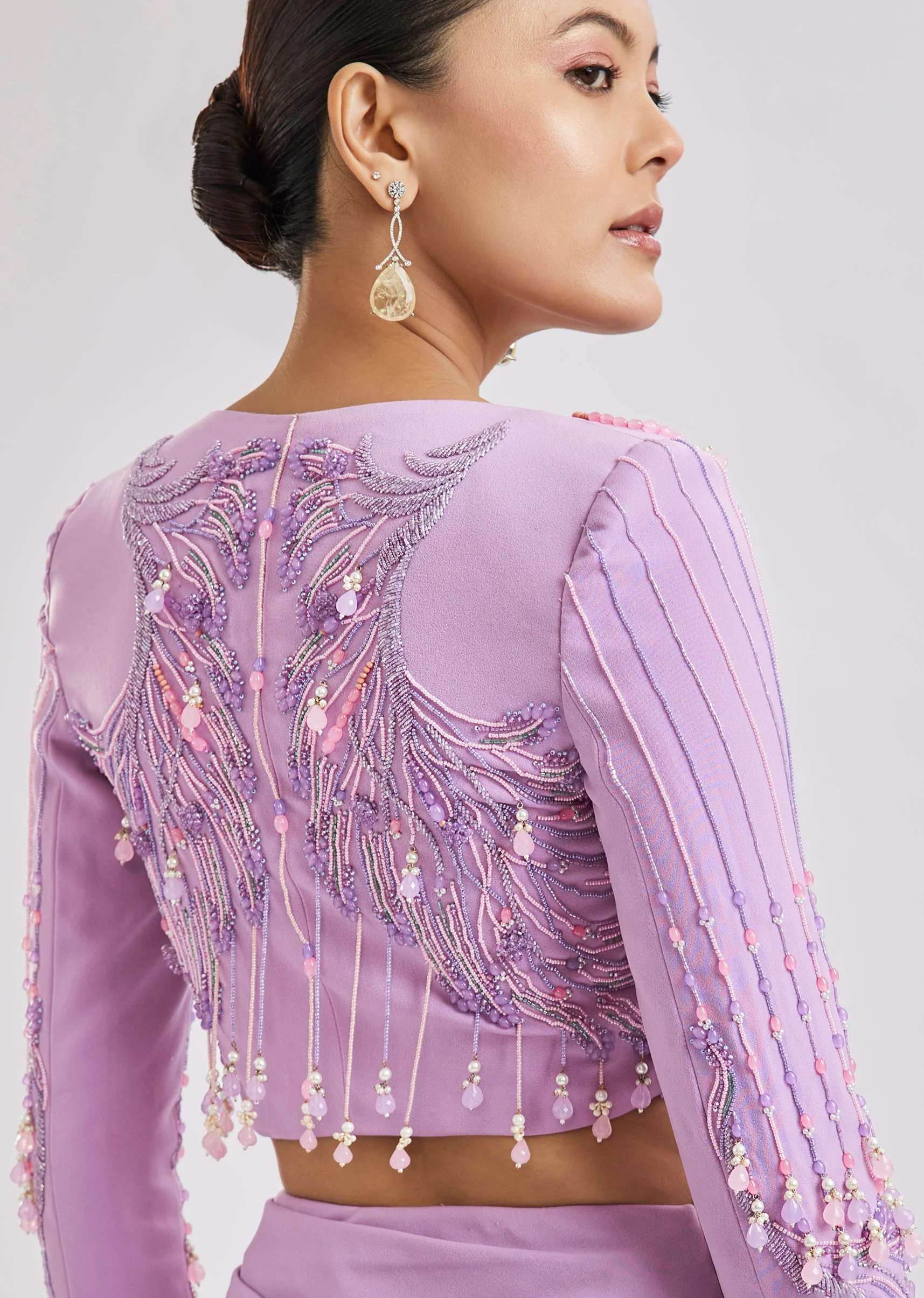 Lilac Embroidered Blouse With Draped Skirt Set - Image 6
