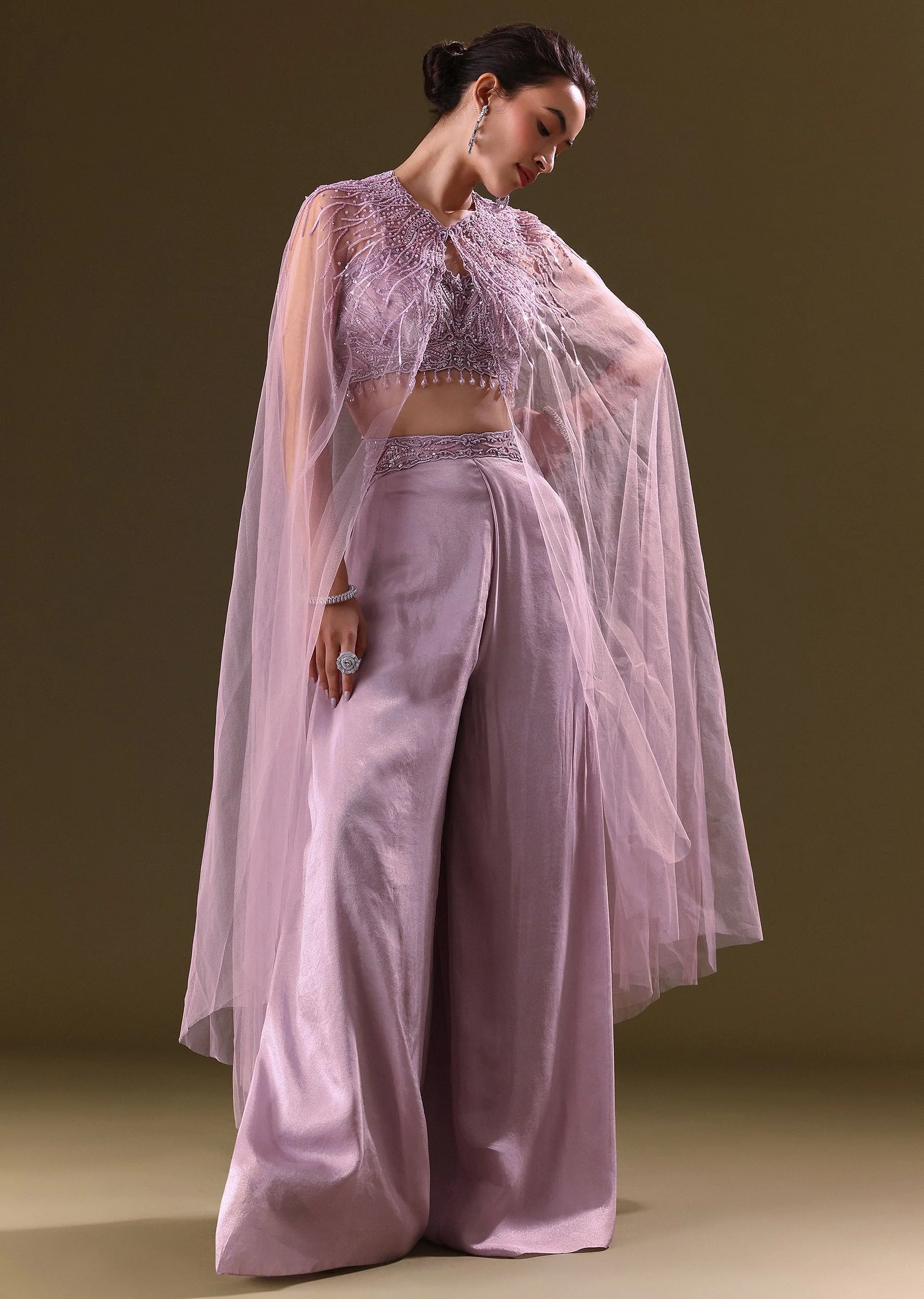 Lilac Embroidered Bustier And Cape With Flared Pant - Image 3