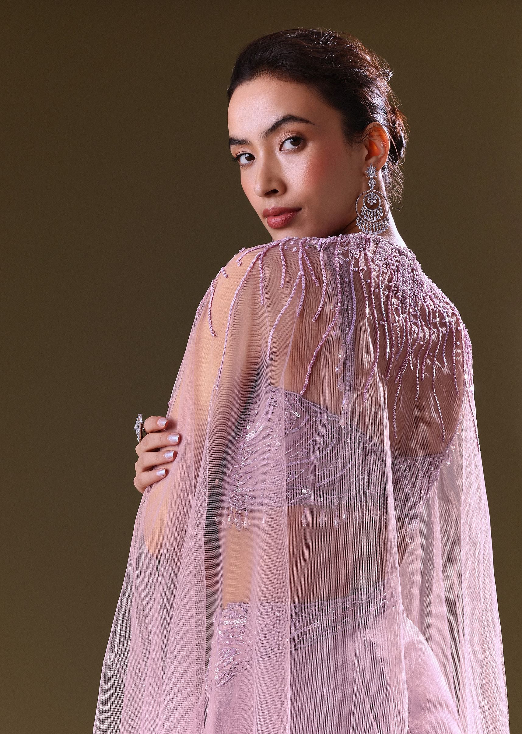 Lilac Embroidered Bustier And Cape With Flared Pant - Image 4