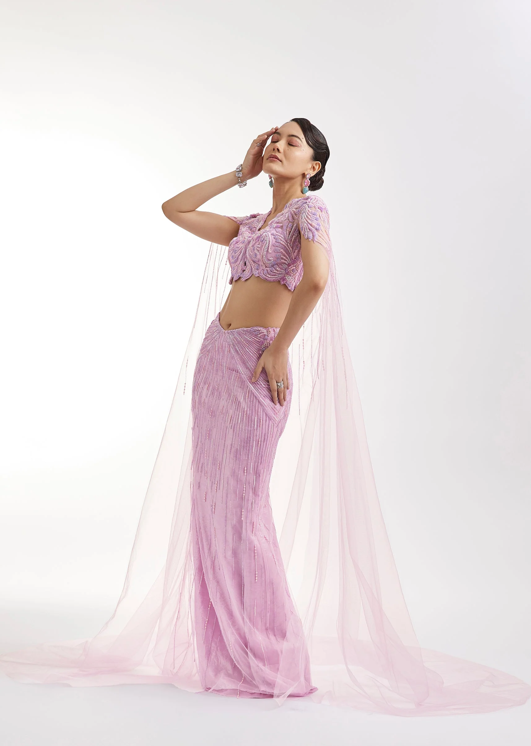 Lilac Embroidered Lehenga Set With Cape Blouse