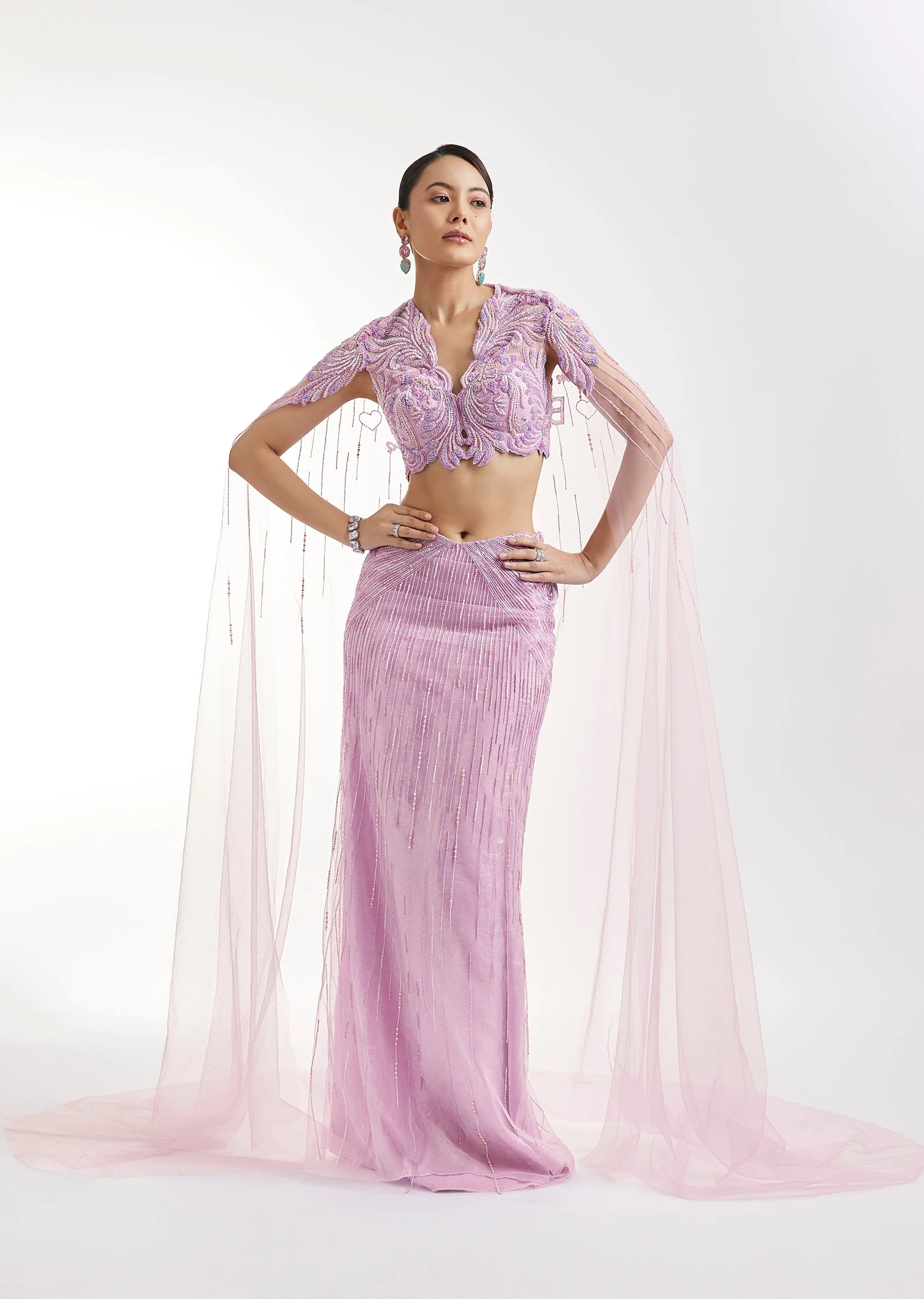 Lilac Embroidered Lehenga Set With Cape Blouse - Image 3