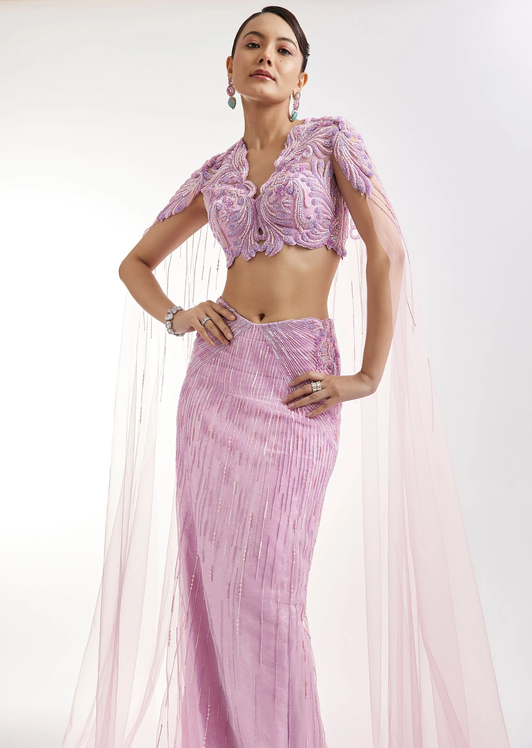 Lilac Embroidered Lehenga Set With Cape Blouse - Image 4