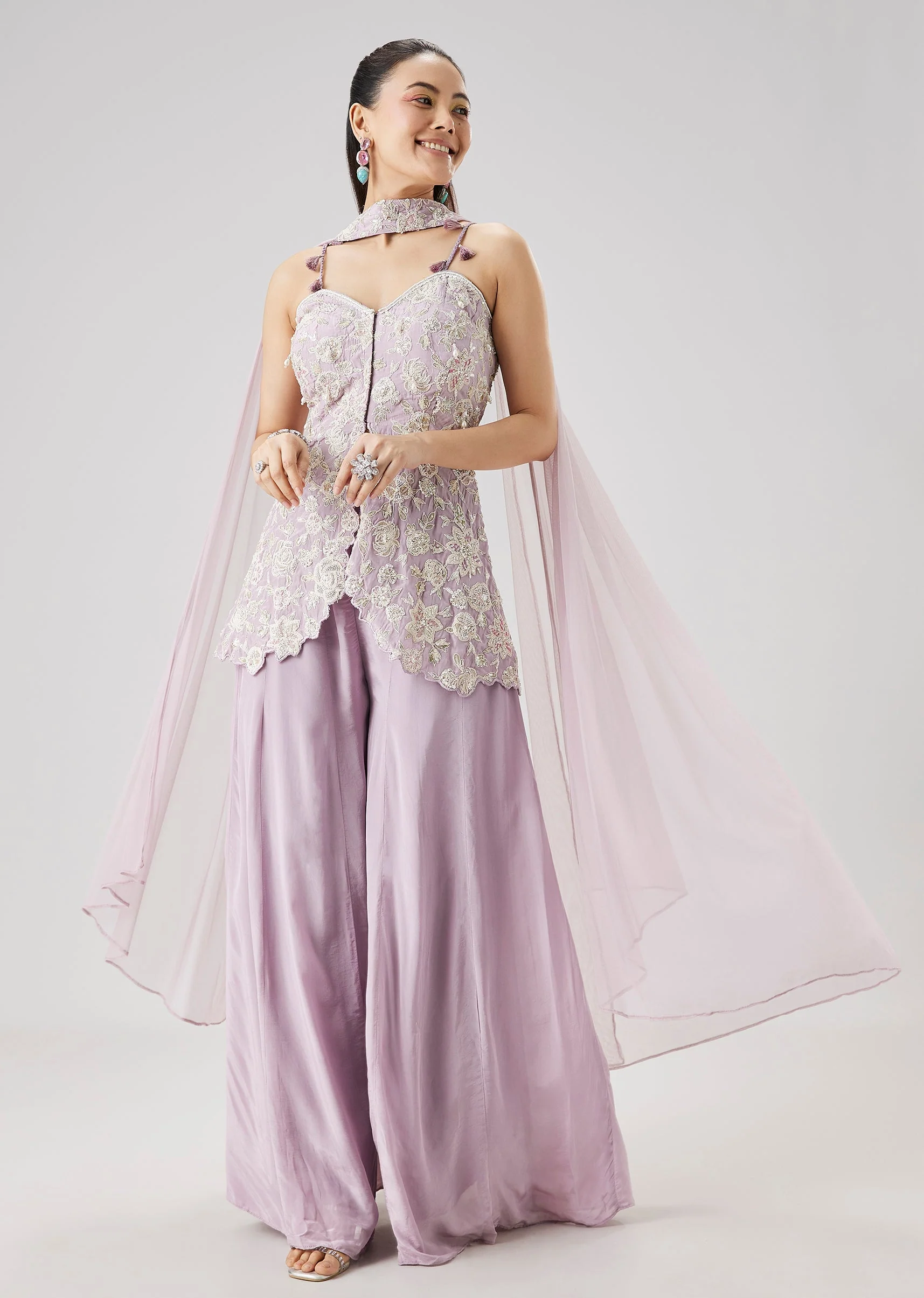 Lilac Embroidered Peplum Palazzo Set With Dupatta