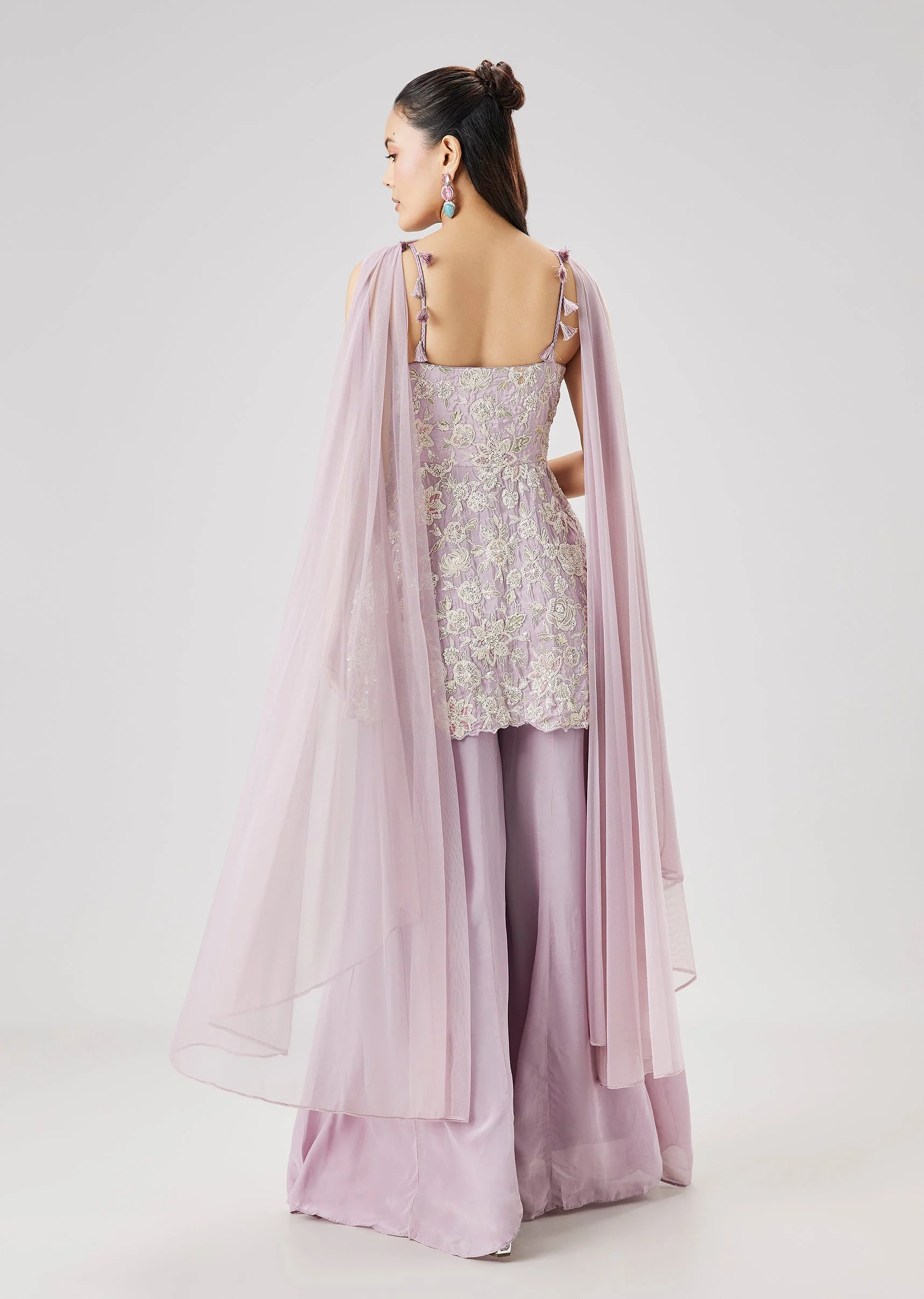 Lilac Embroidered Peplum Palazzo Set With Dupatta - Image 5