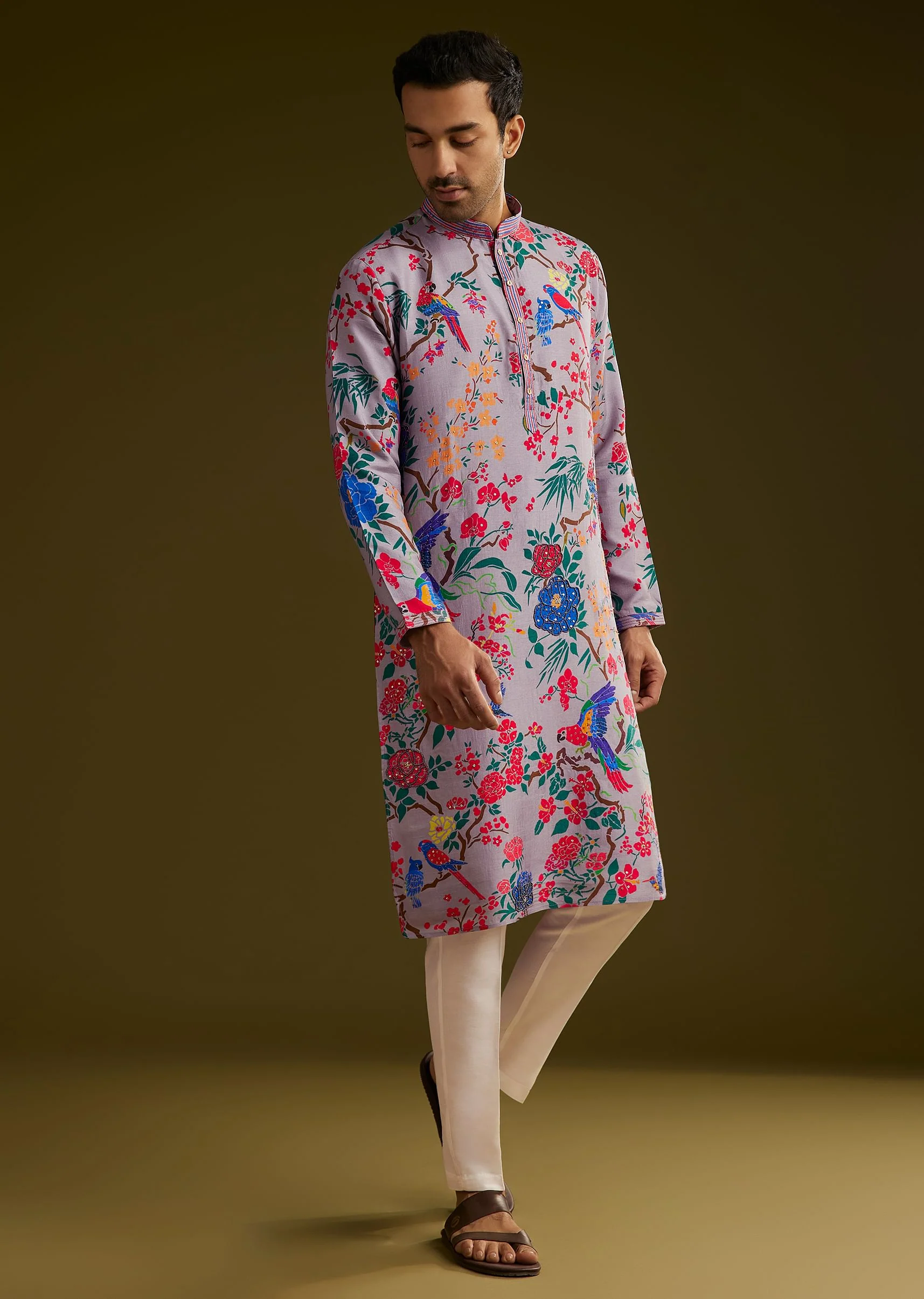 Lilac Floral Printed Silk Kurta Set - Image 3