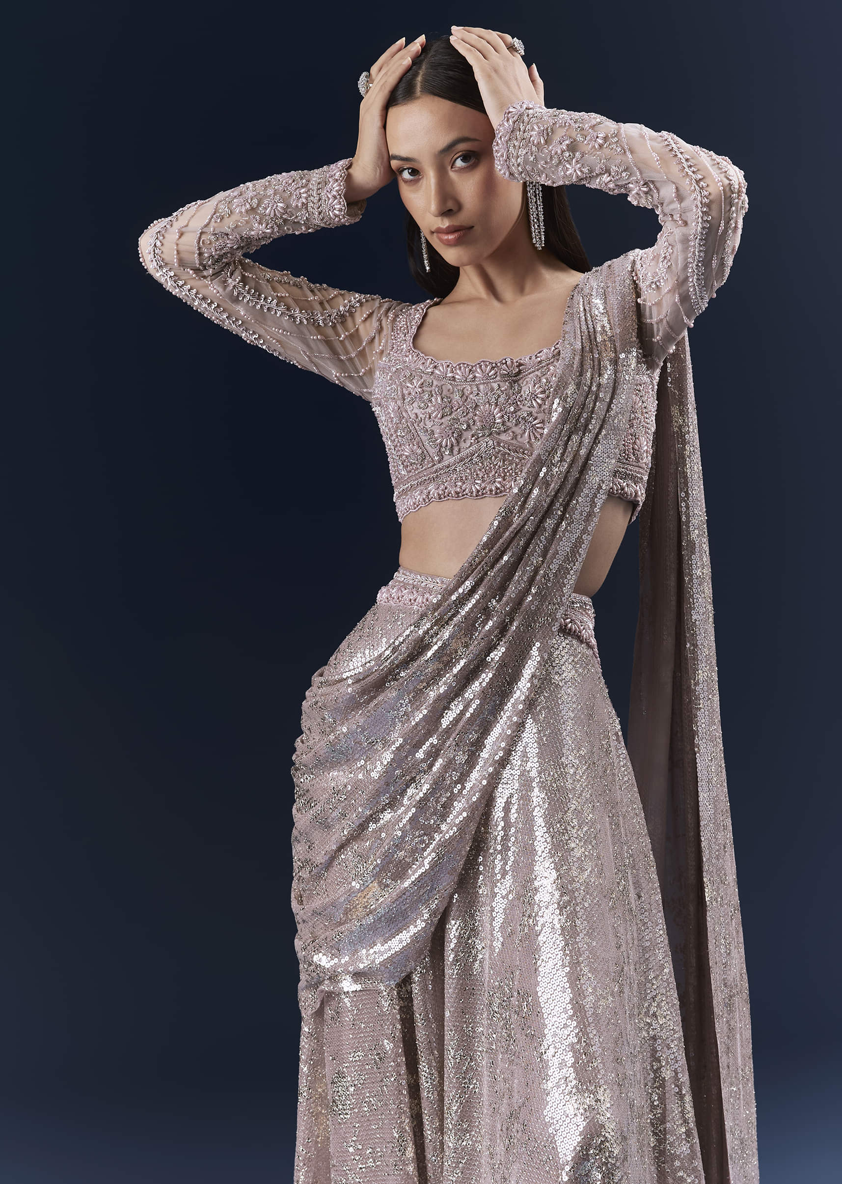 Lilac Imported Sequins Crop Top And Palazzo Pants With Attached Dupatta - Image 3