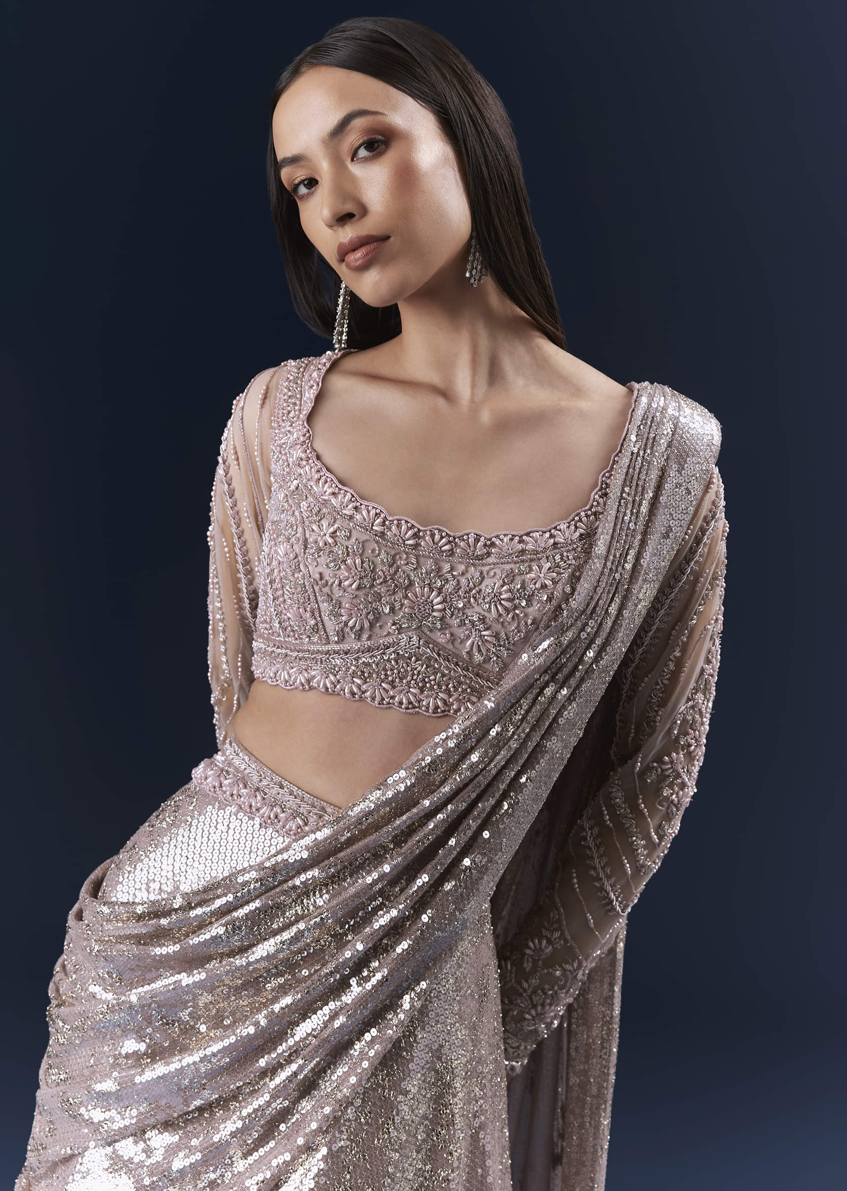 Lilac Imported Sequins Crop Top And Palazzo Pants With Attached Dupatta - Image 5