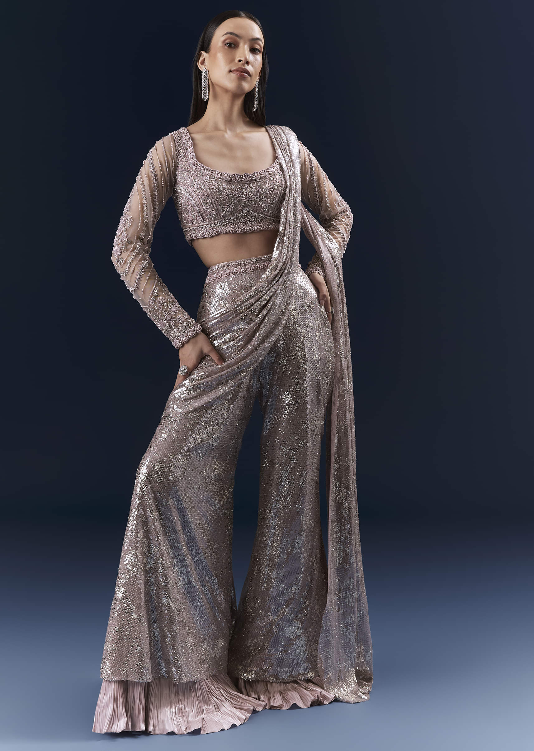 Lilac Imported Sequins Crop Top And Palazzo Pants With Attached Dupatta - Image 7