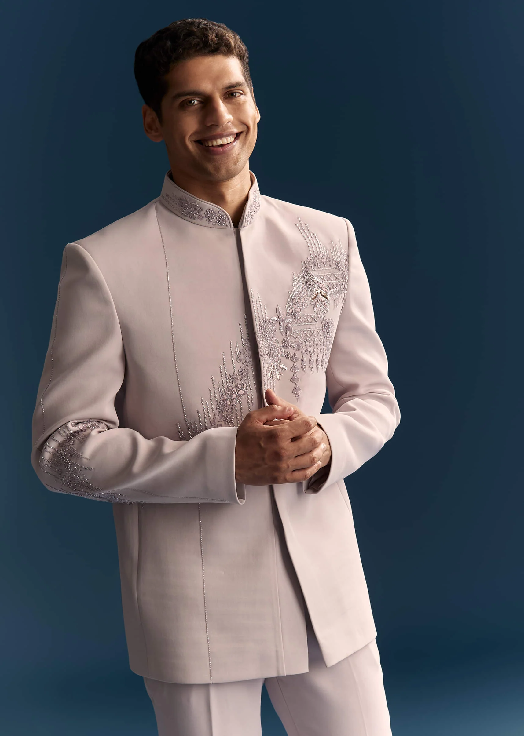 Lilac Jodhpuri Suit For Men With Moti Work And Embellishments - Image 5