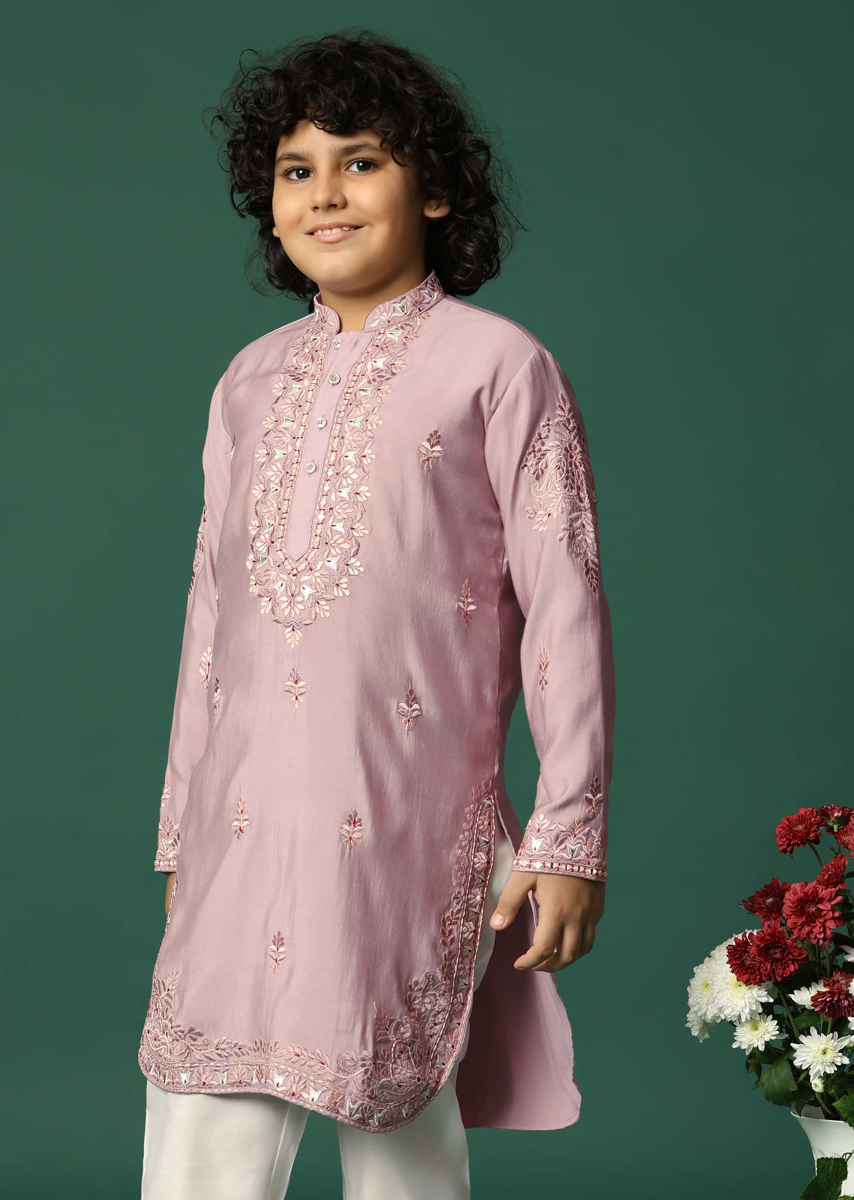 Lilac Kurta Pant With Resham Work For Boys - Image 4