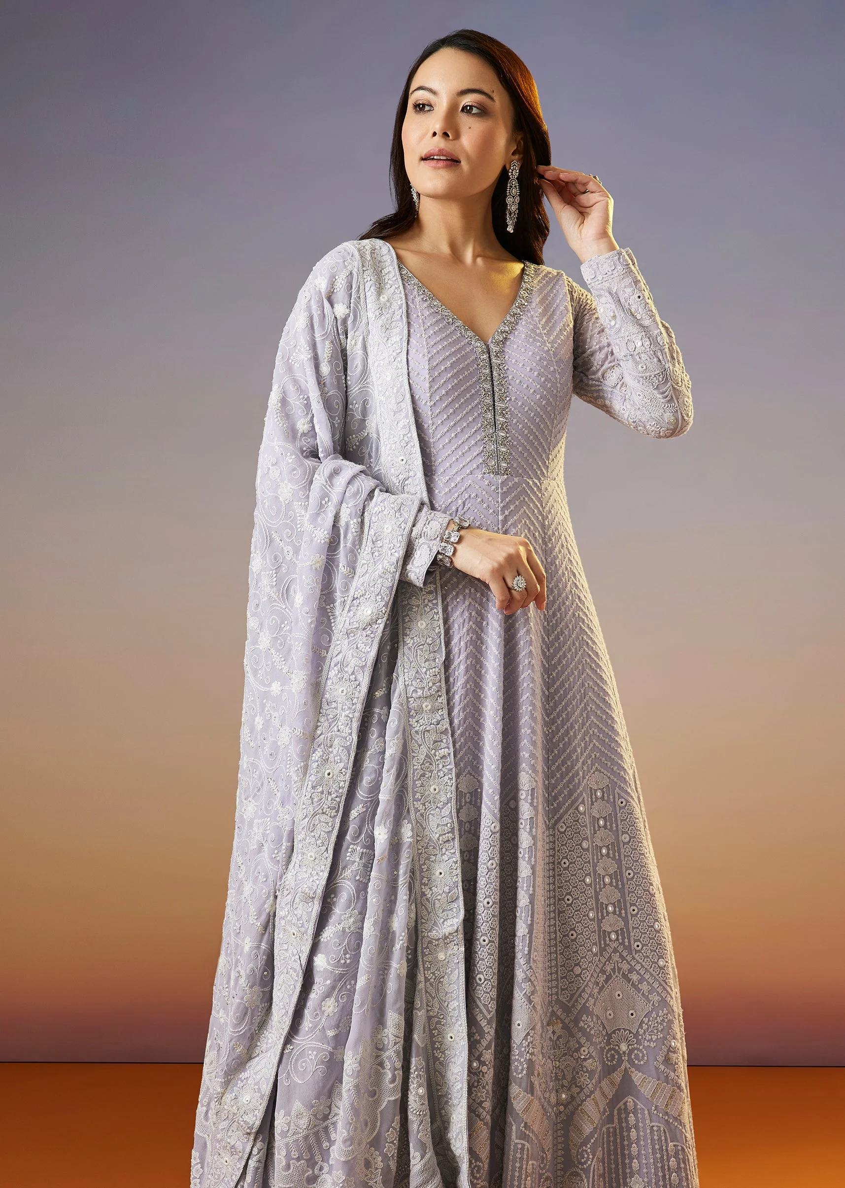 Lilac Lucknowi Georgette Anarkali Suit With Dupatta - Image 4