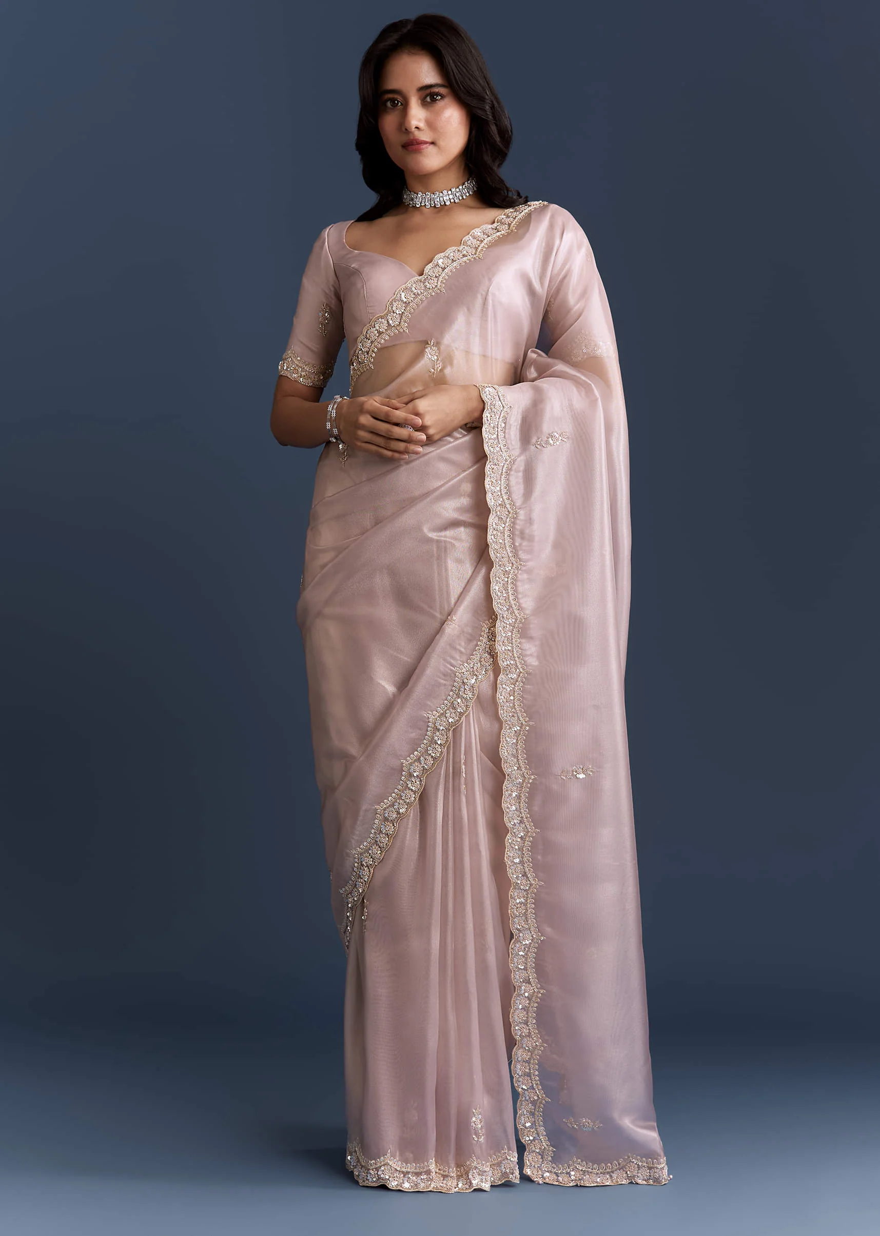Lilac Net Saree With Heavy Hand Embroidery - Image 3