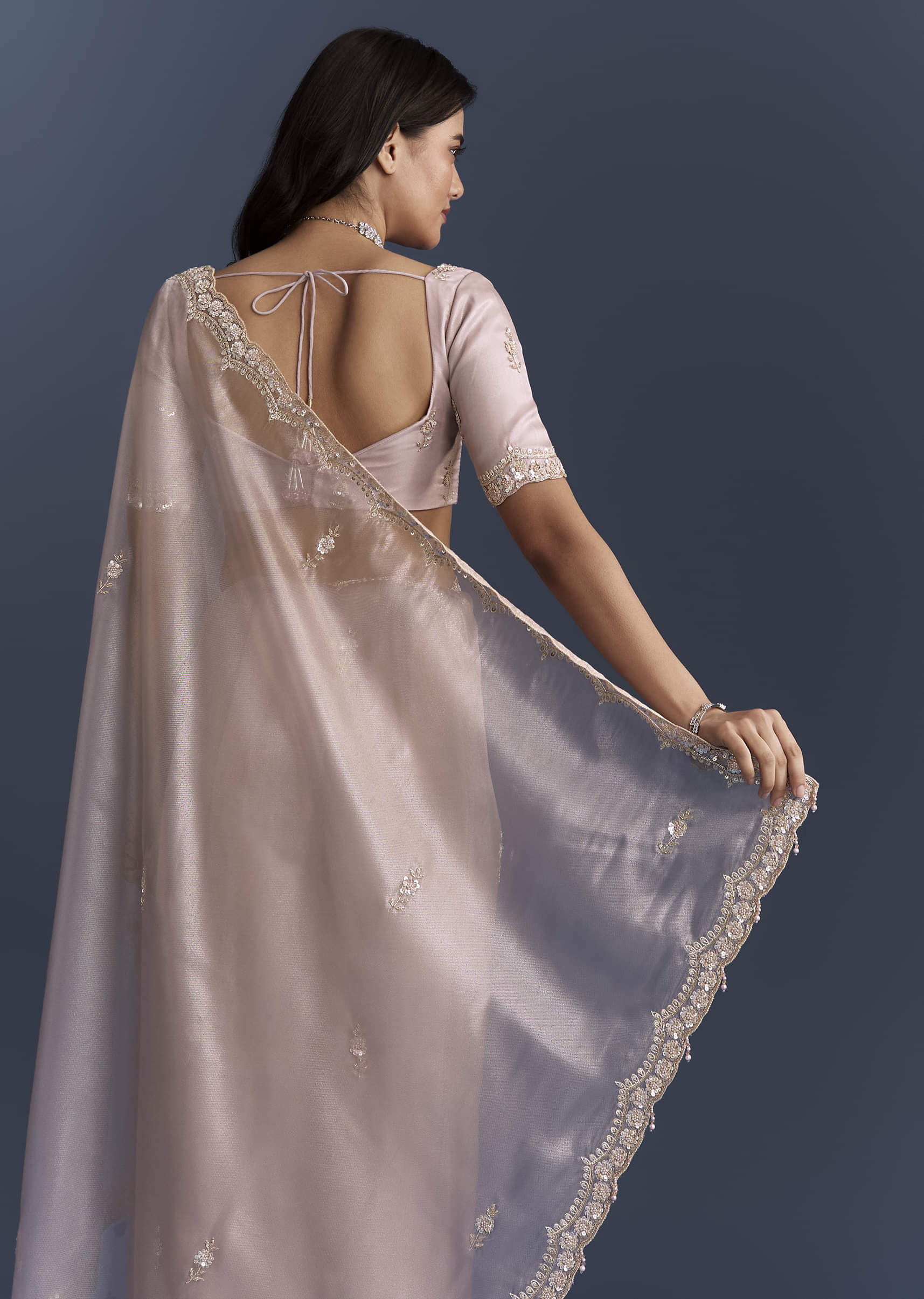 Lilac Net Saree With Heavy Hand Embroidery - Image 6