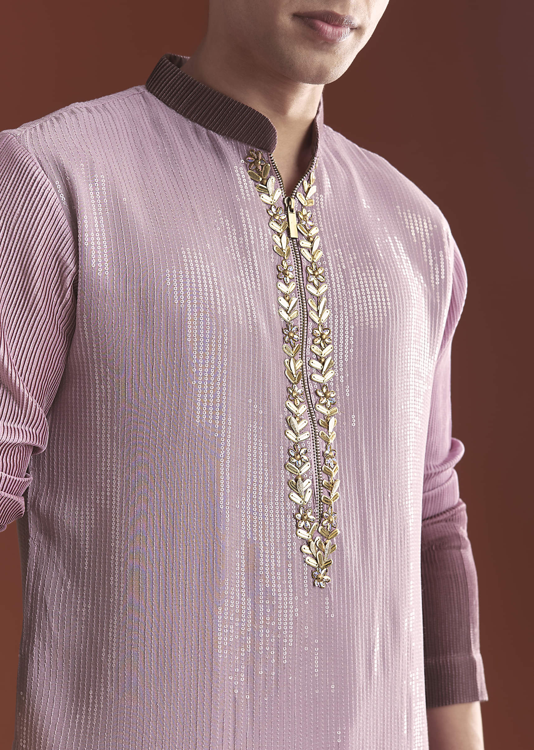 Lilac Ombre Kurta Set For Men With Sequins Embroidery - Image 3