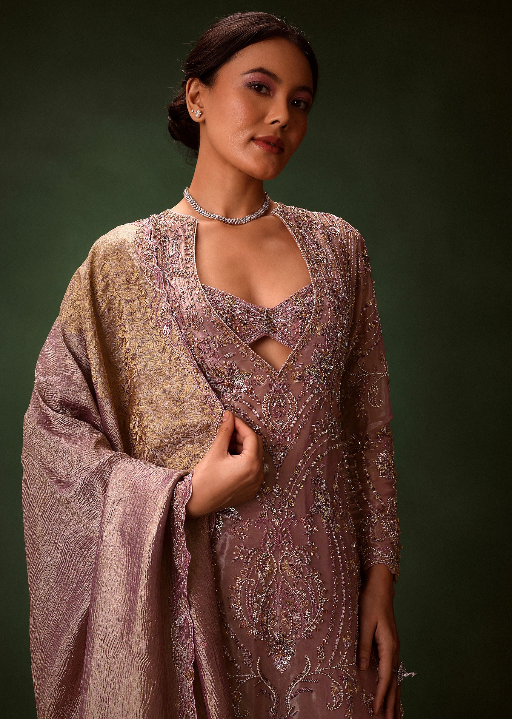 Lilac Platinum Tissue Kurti Set With Hand Embroidered Gharara Pants And Dupatta - Image 3