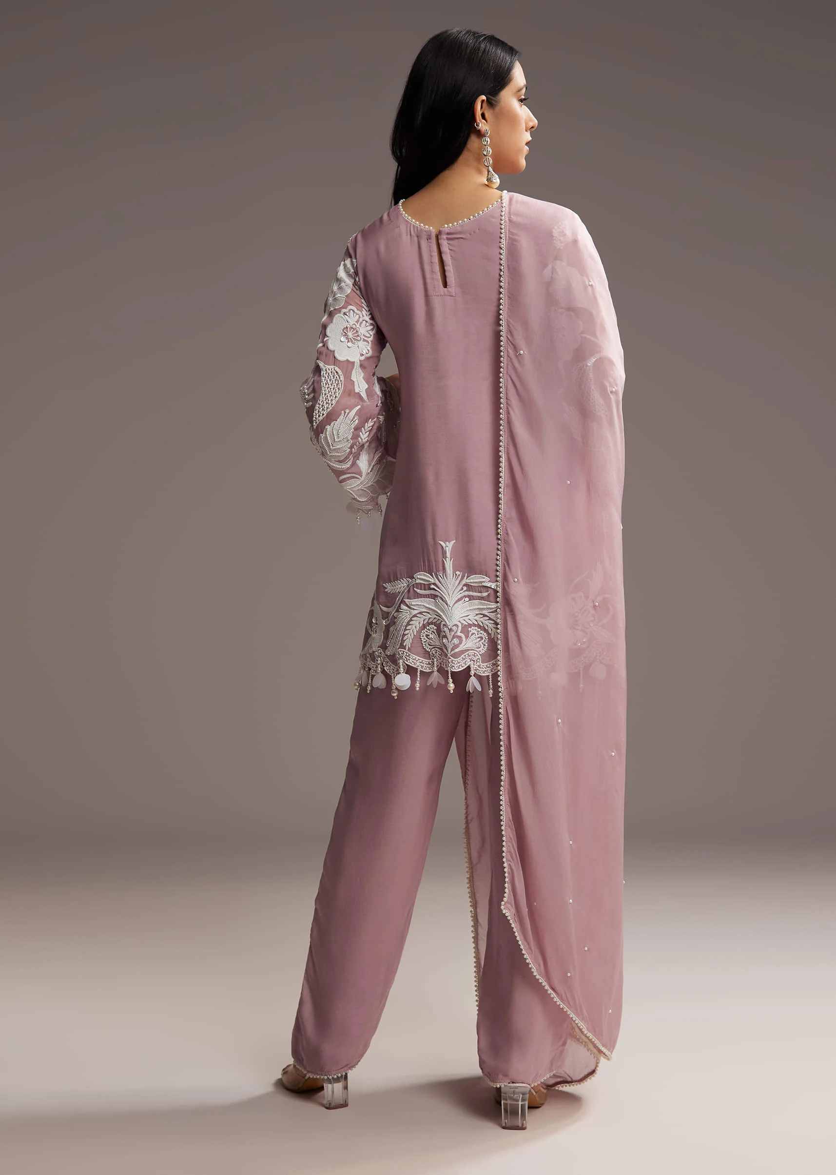 Lilac Purple Organza Kurta Set With Thread And Moti Work - Image 5