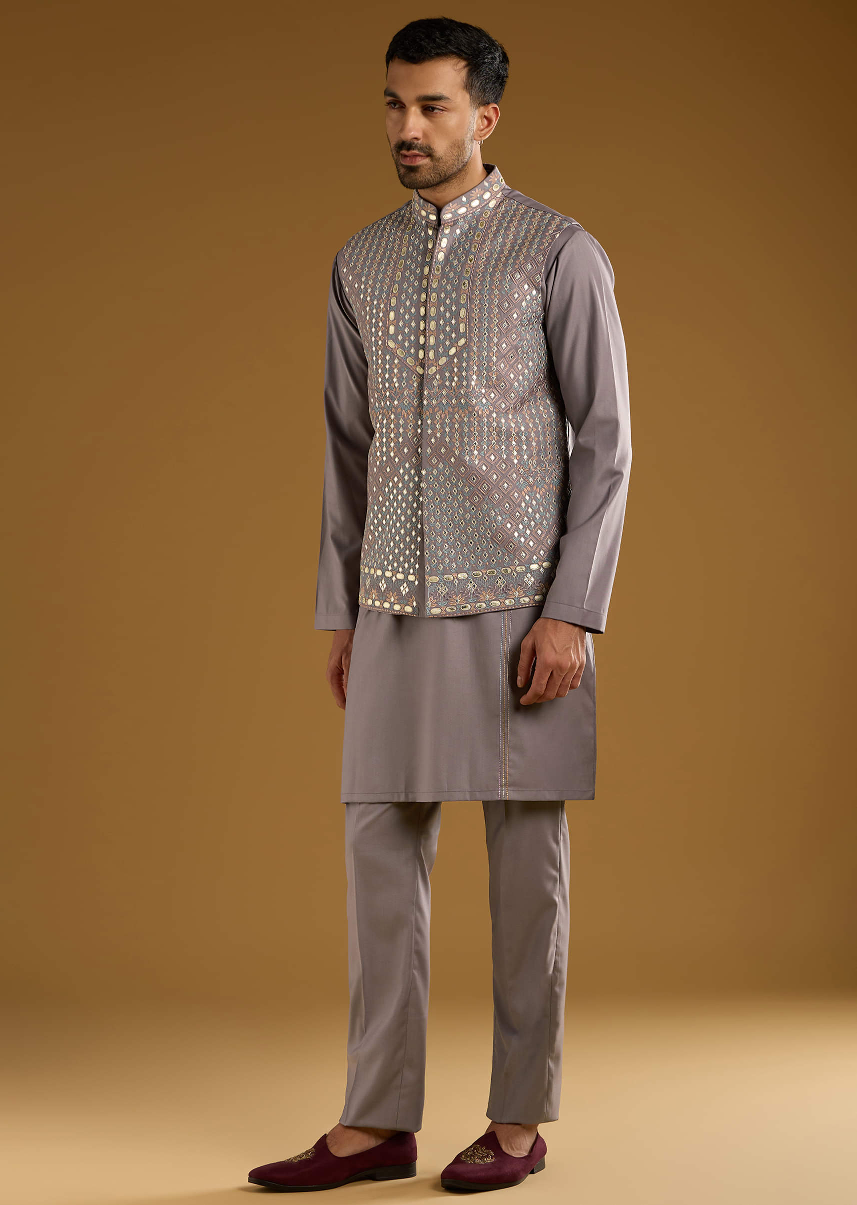 Lilac Rayon Kurta Jacket Set For Men With Resham And Gota Work - Image 3