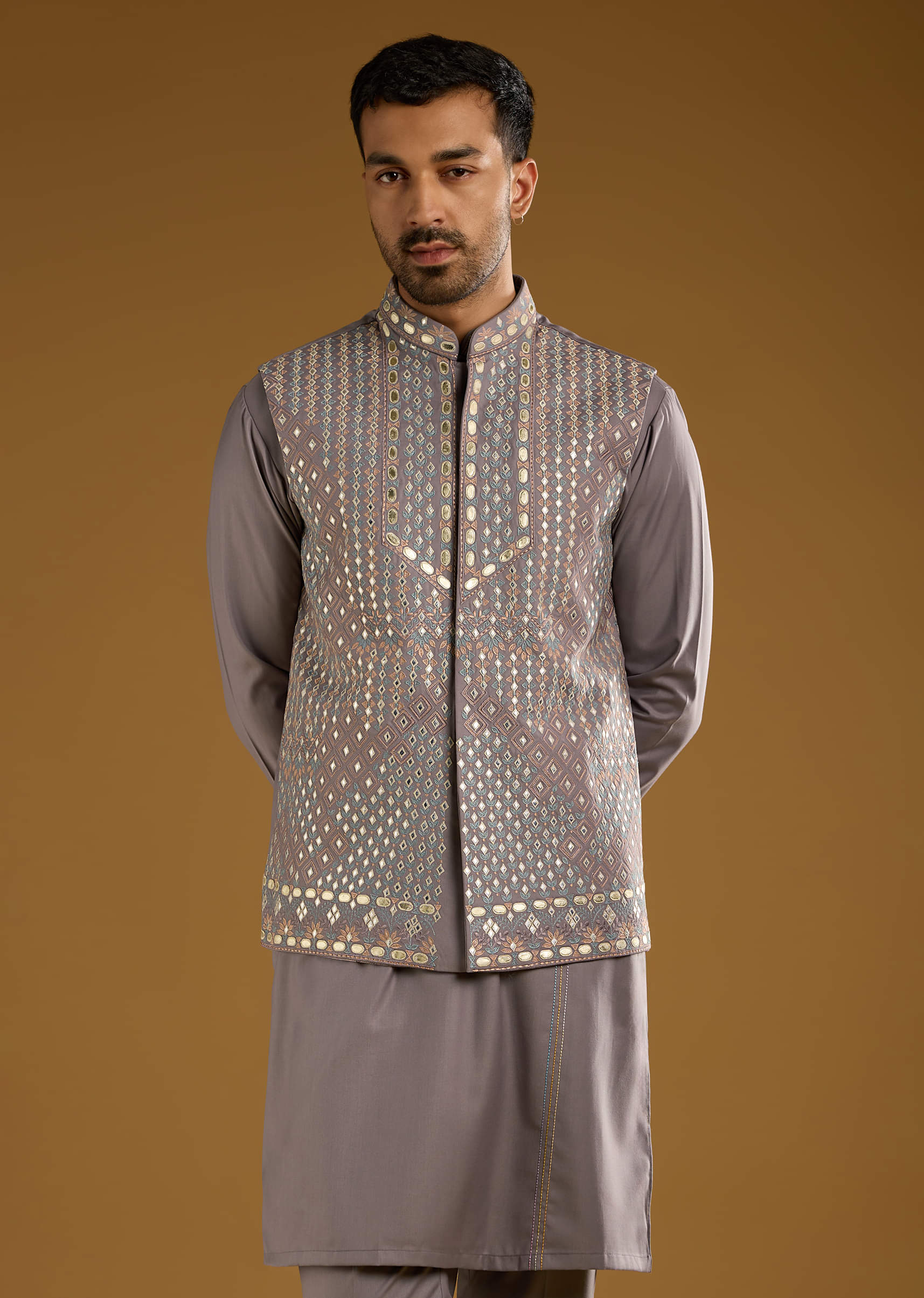 Lilac Rayon Kurta Jacket Set For Men With Resham And Gota Work - Image 4
