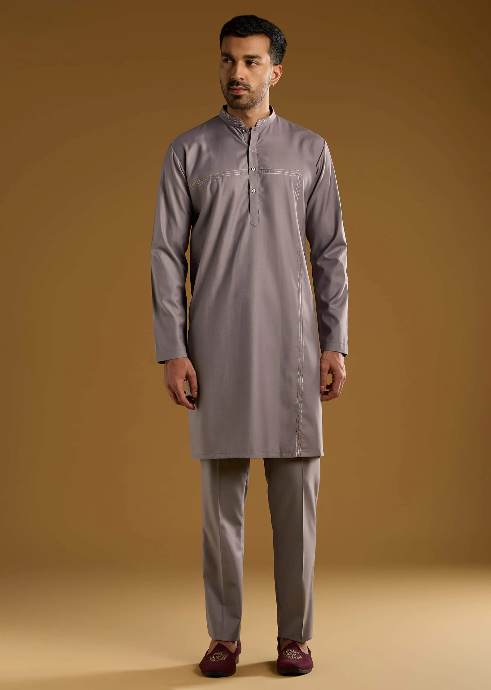 Lilac Rayon Kurta Jacket Set For Men With Resham And Gota Work - Image 6