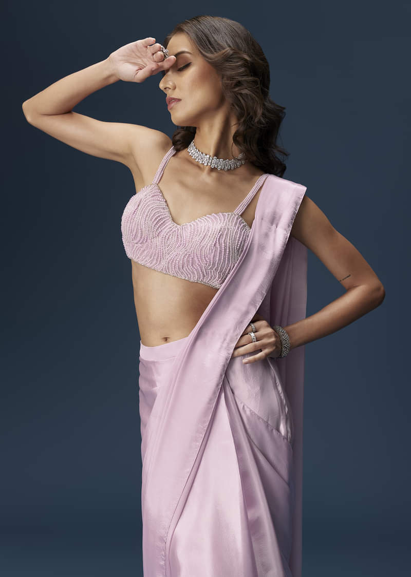 Lilac Ready Pleated Saree With Embellished Blouse And Belt - Image 3