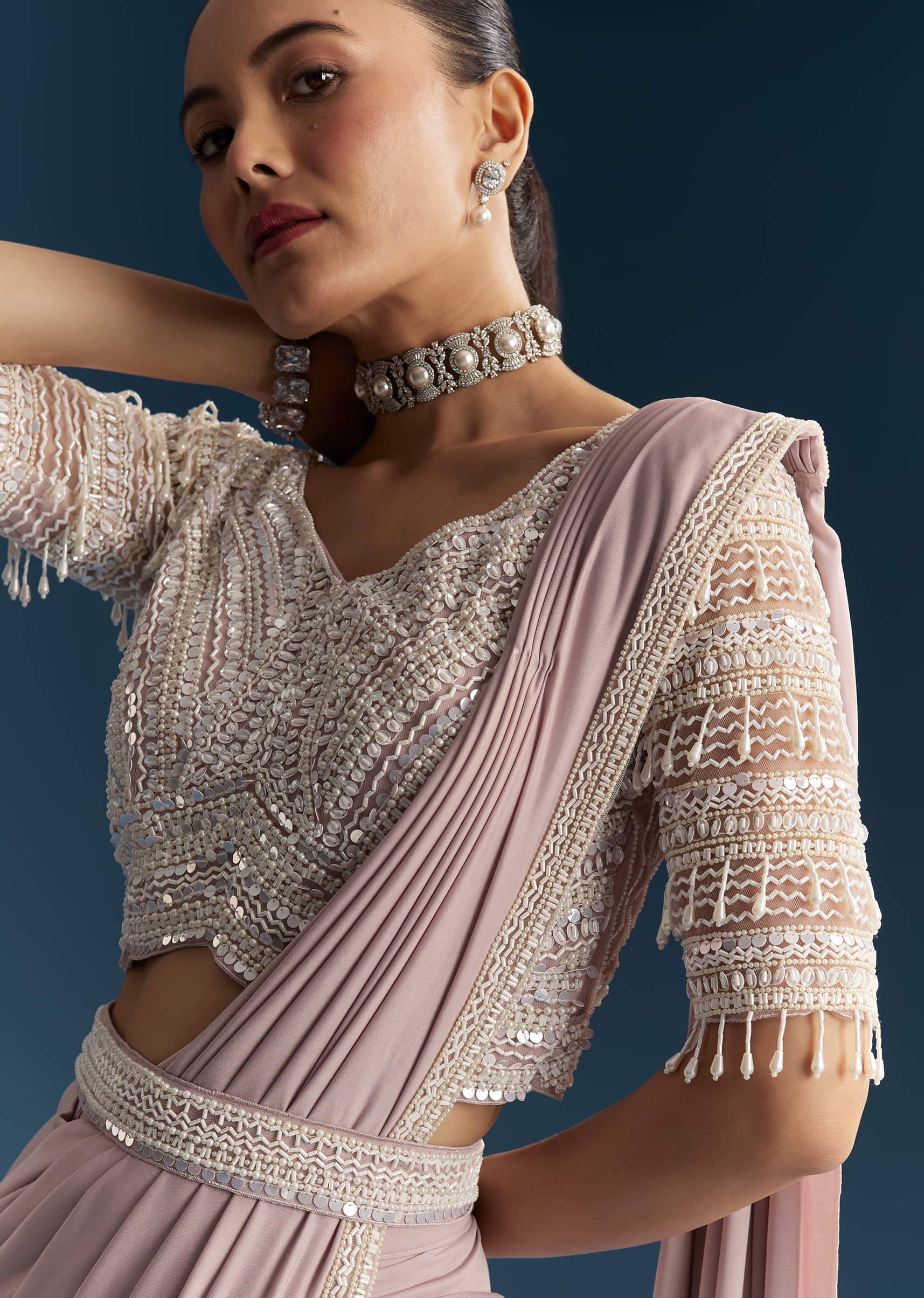 Lilac Ready Pleated Saree With Sequins And Moti Work - Image 3
