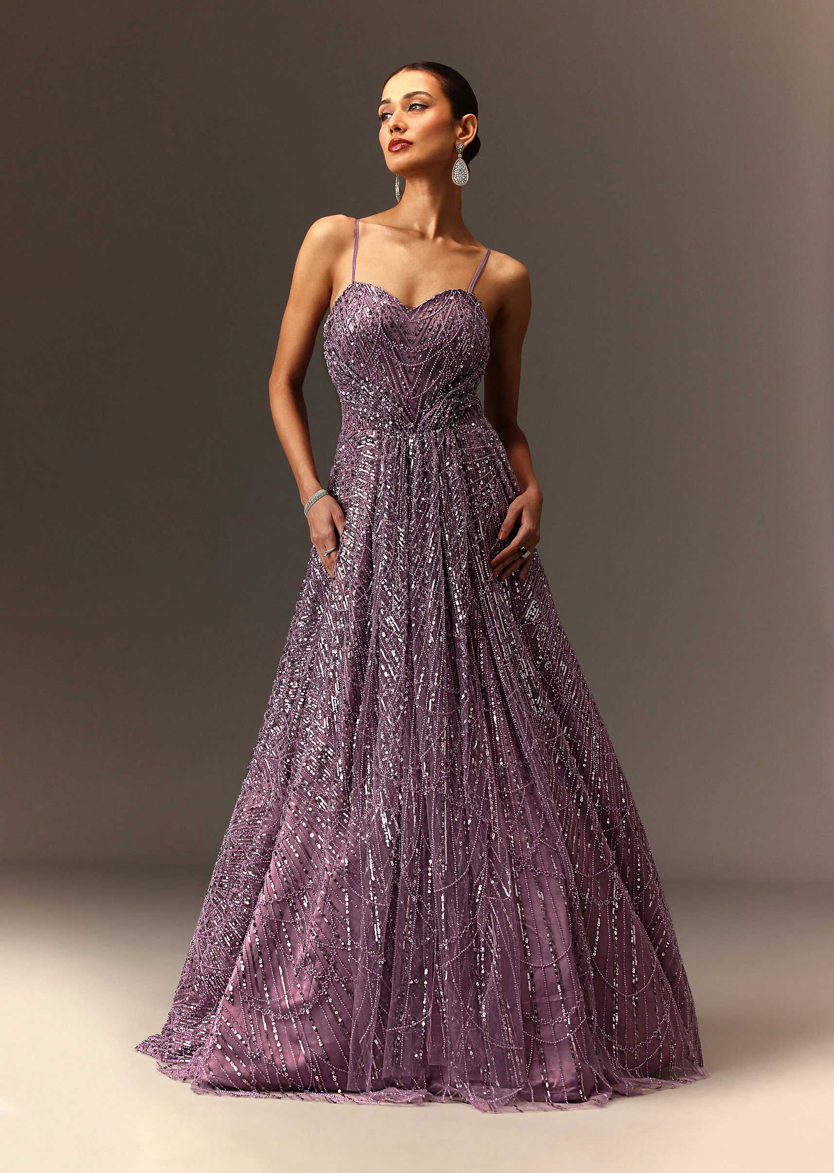 Lilac Sequin Gown With Attached Cheeta Work Cape Sleeves - Image 7