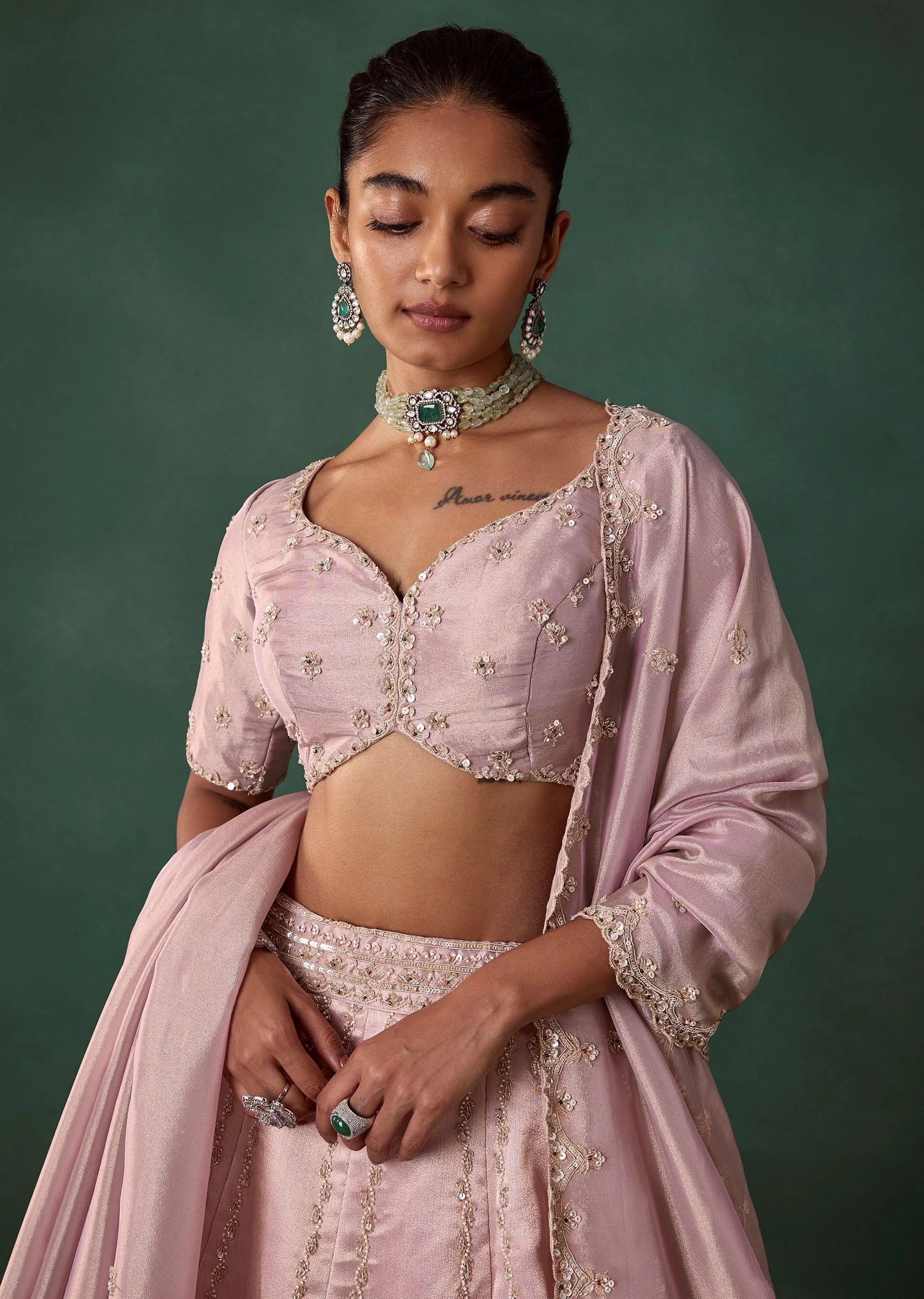 Lilac Shaded Hand Embroidered Bridal Lehenga Set - Image 3