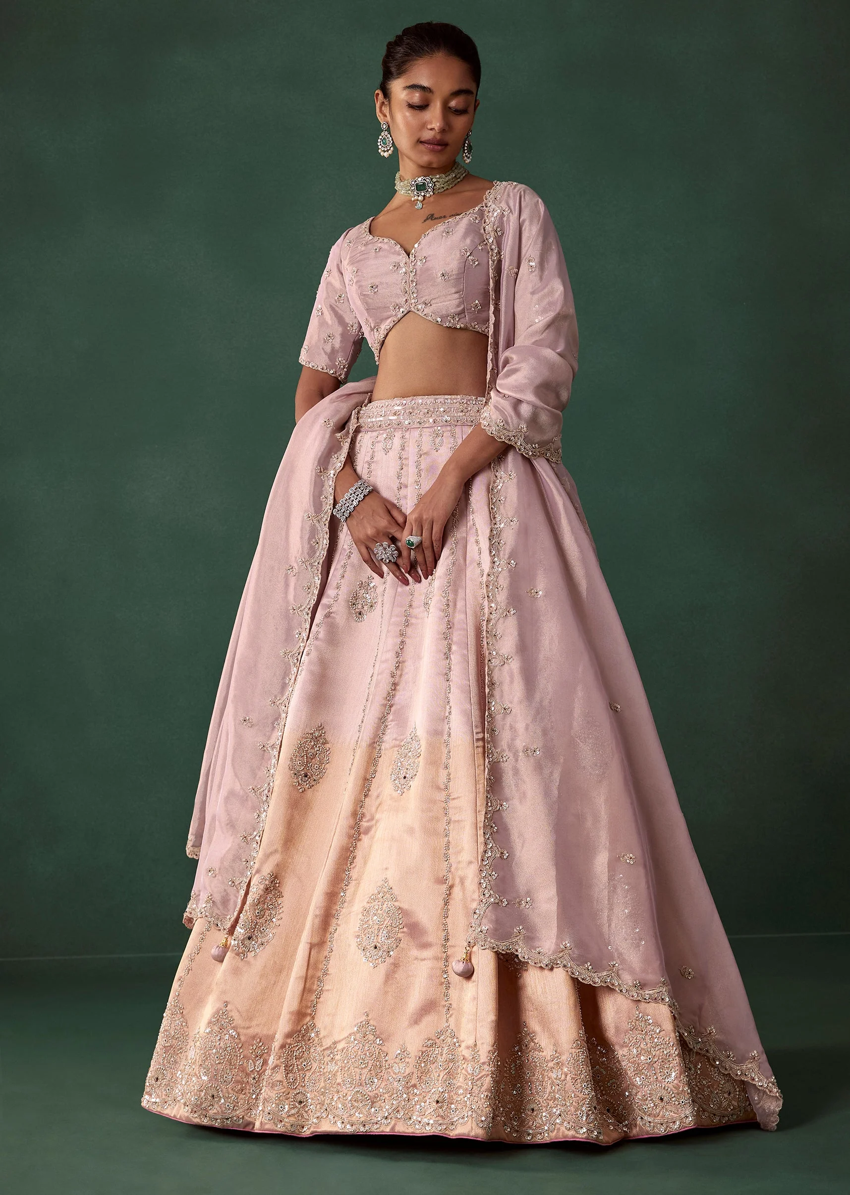 Lilac Shaded Hand Embroidered Bridal Lehenga Set - Image 4
