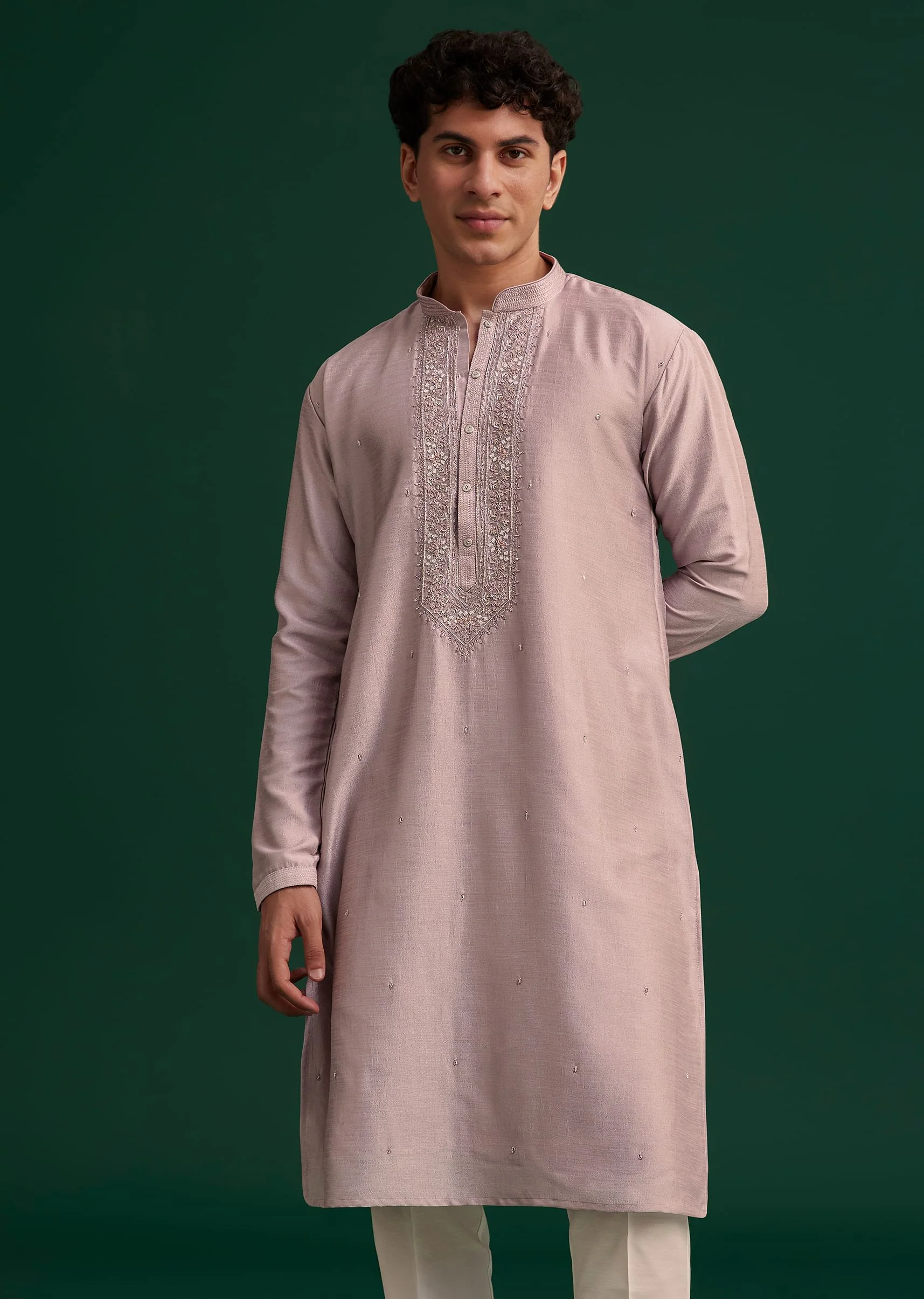 Lilac Silk Hand Embroidered Kurta Set - Image 3