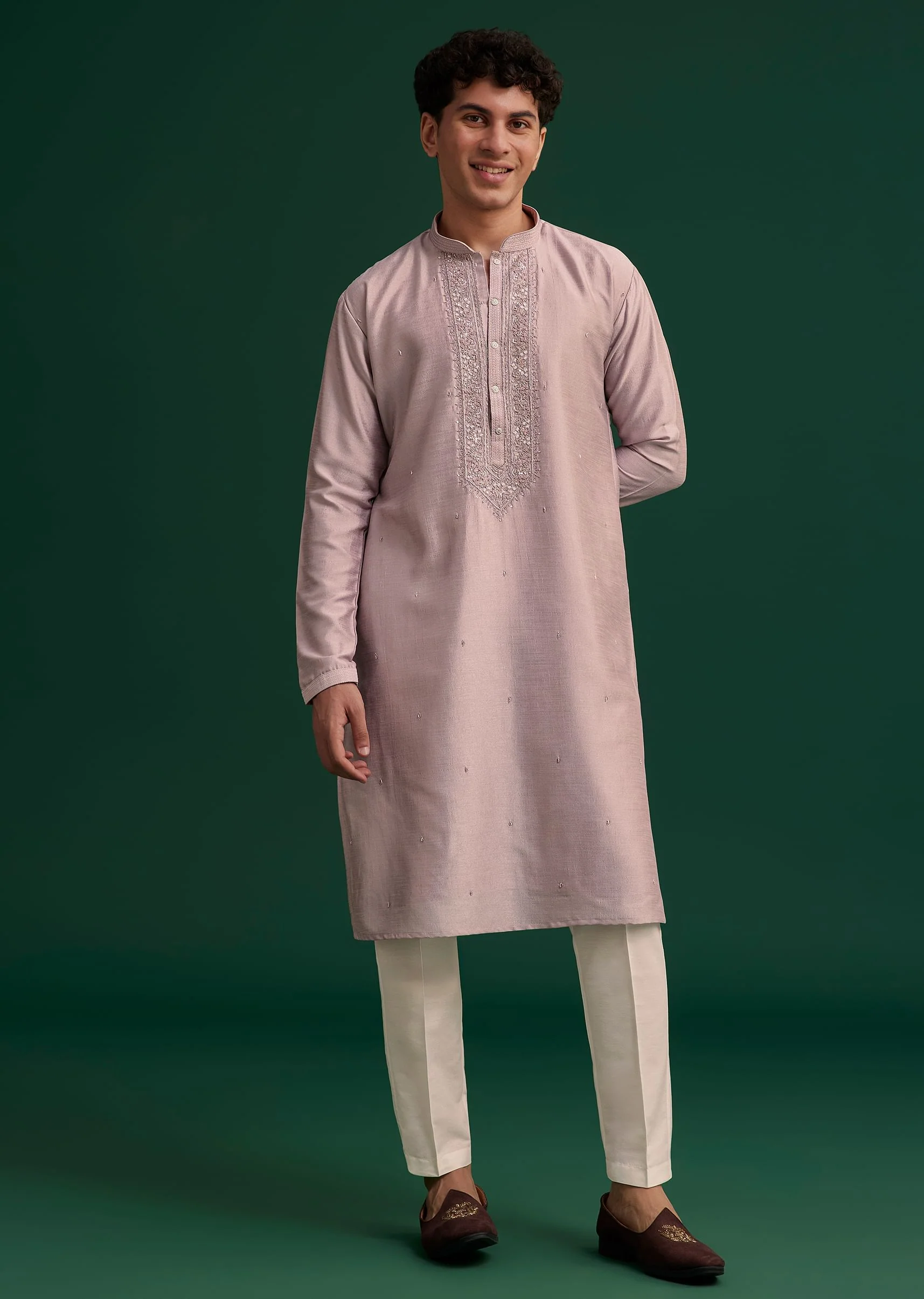 Lilac Silk Hand Embroidered Kurta Set - Image 4