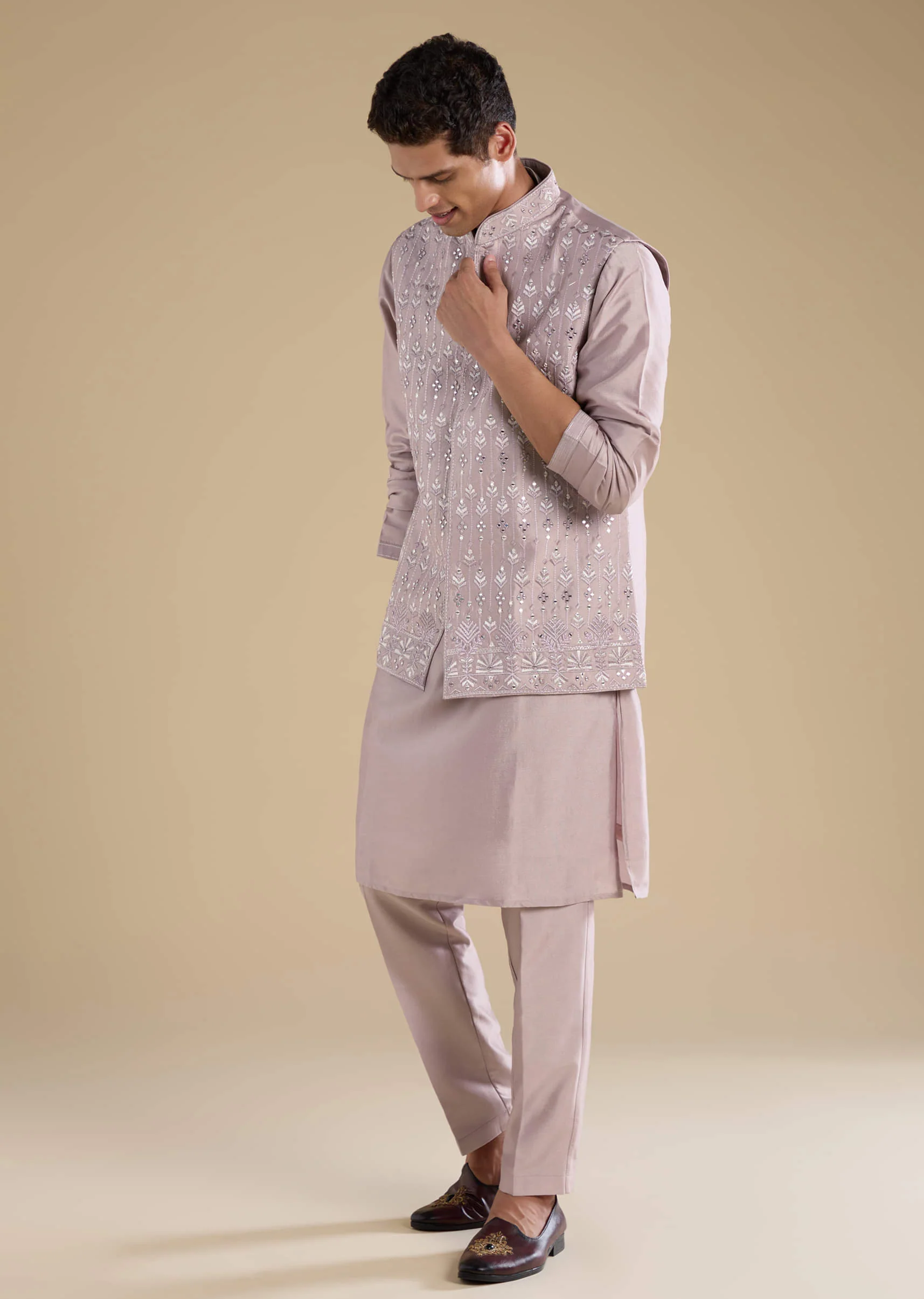 Lilac Silk Jacket Kurta Set with Mirror Embellishments - Image 3