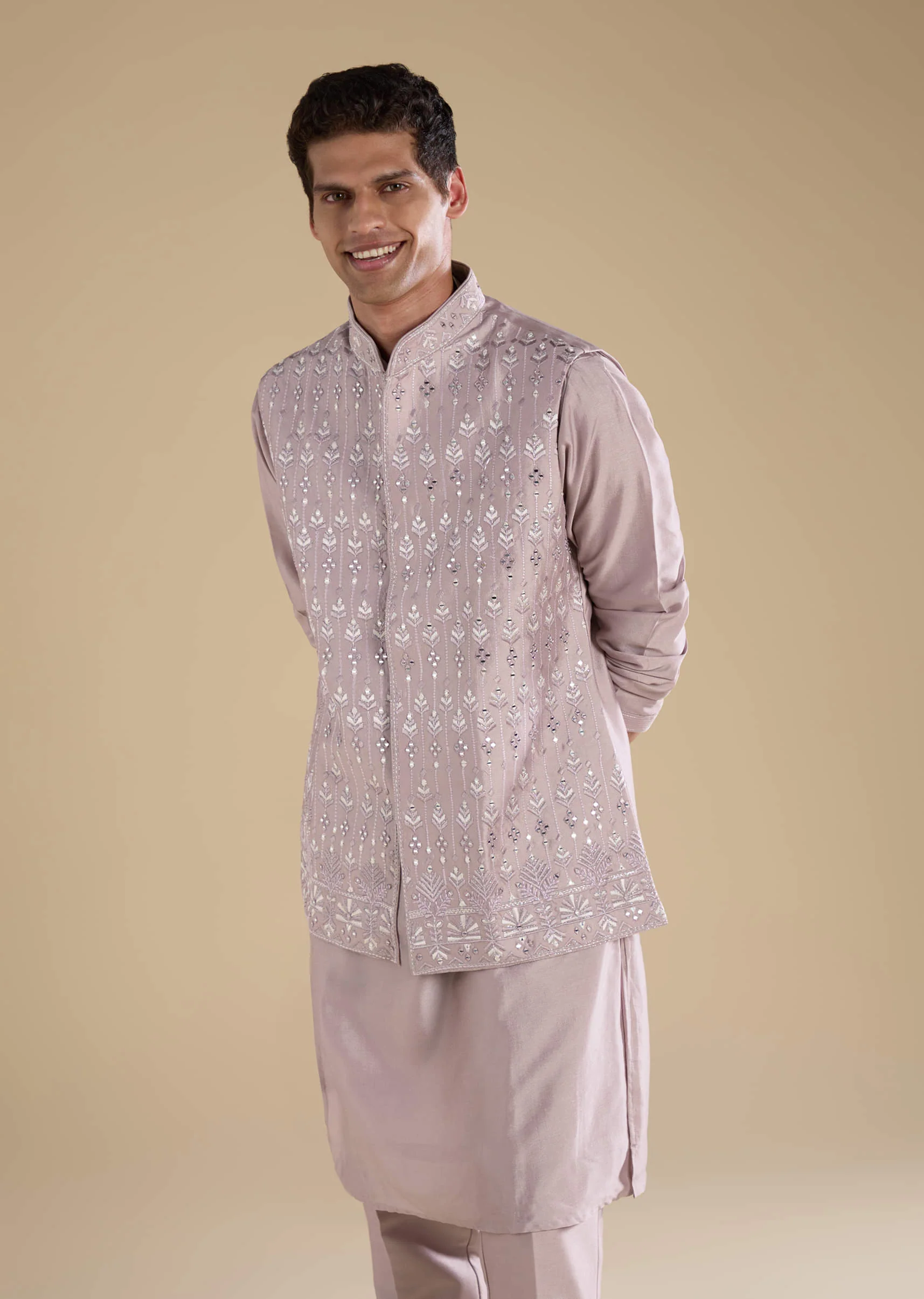Lilac Silk Jacket Kurta Set with Mirror Embellishments - Image 4