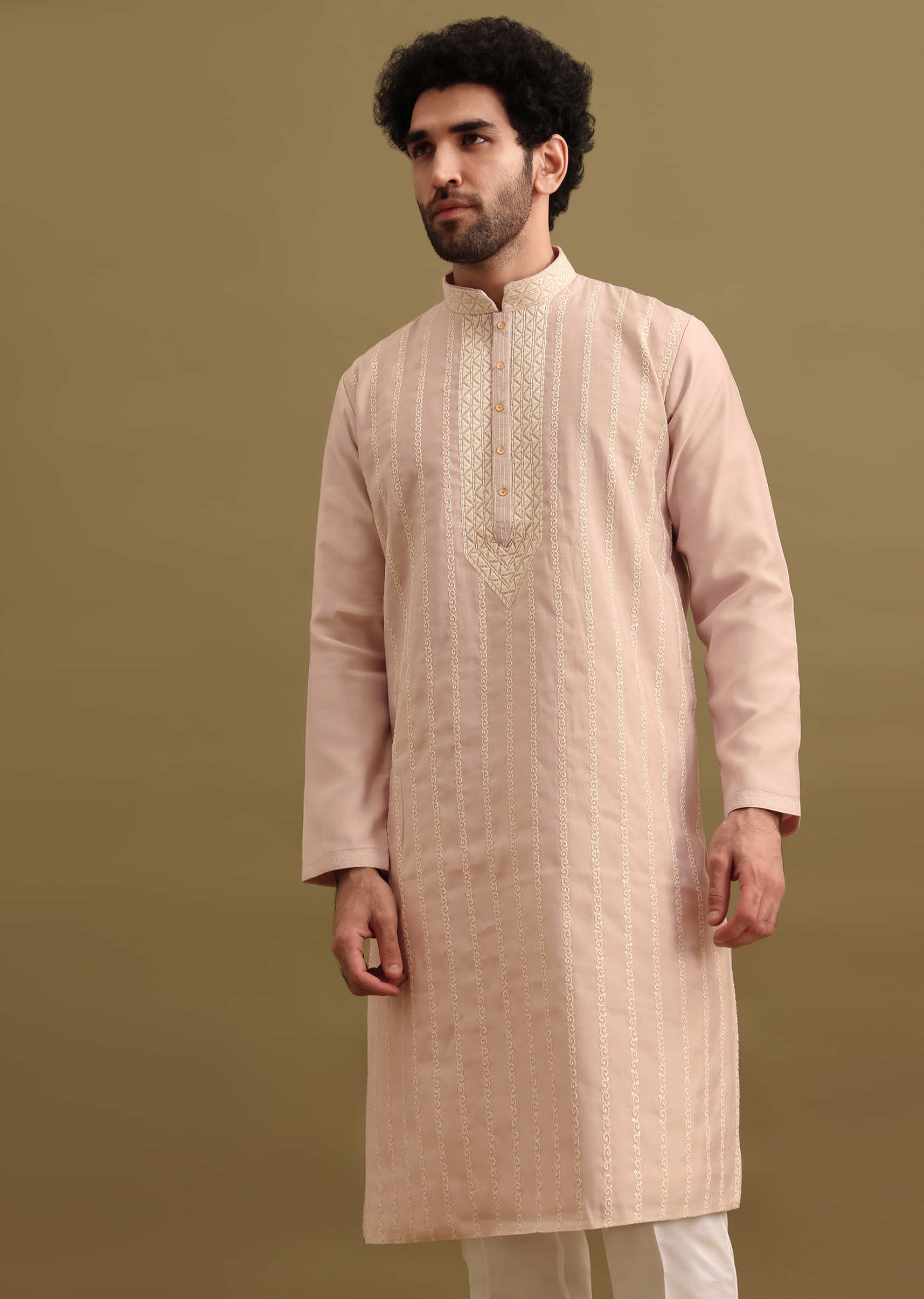 Lilac Silk Kurta Set With Resham Work For Men - Image 4