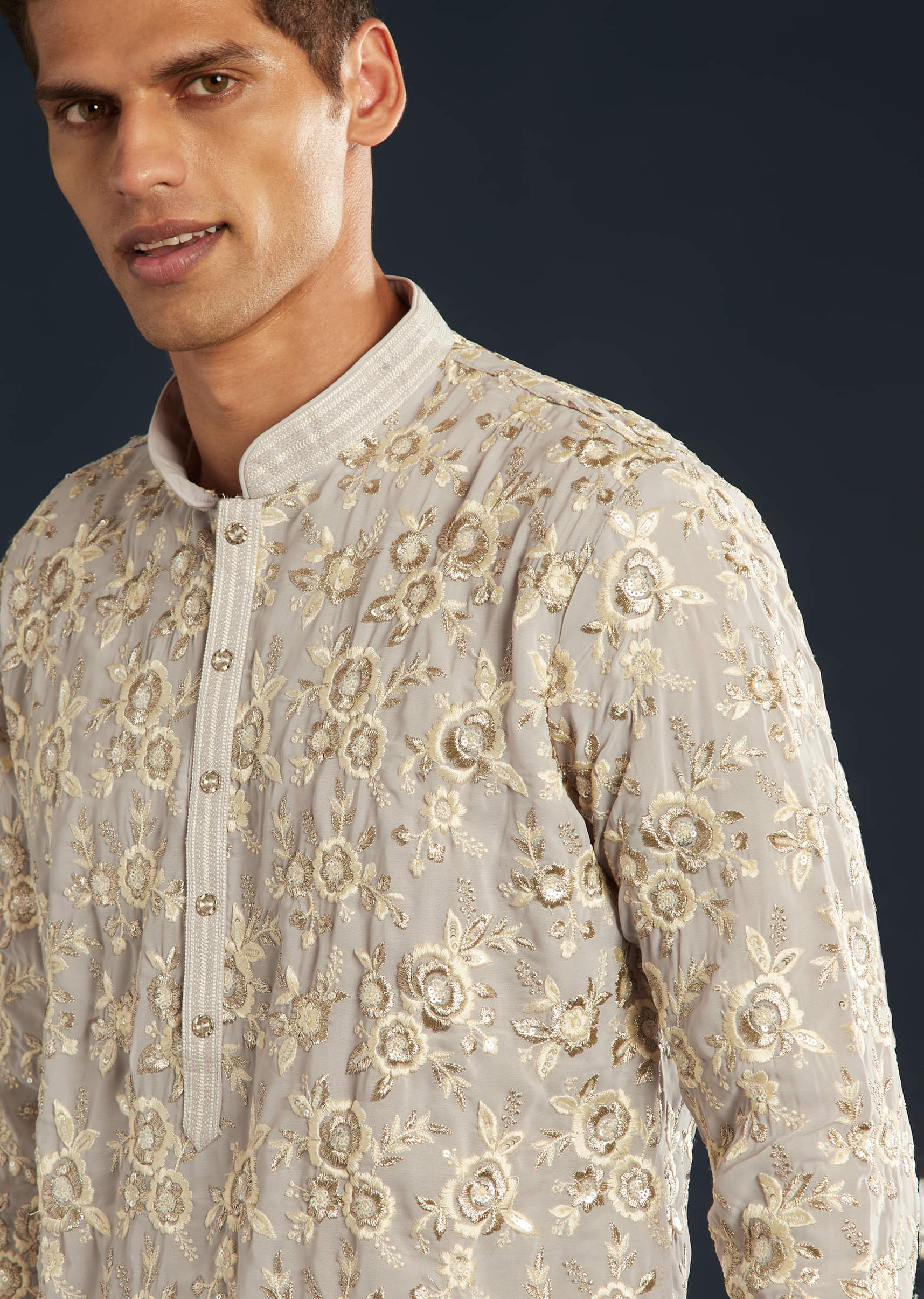 Lilac Silk Mens Kurta Set with Resham Sequin Work - Image 2