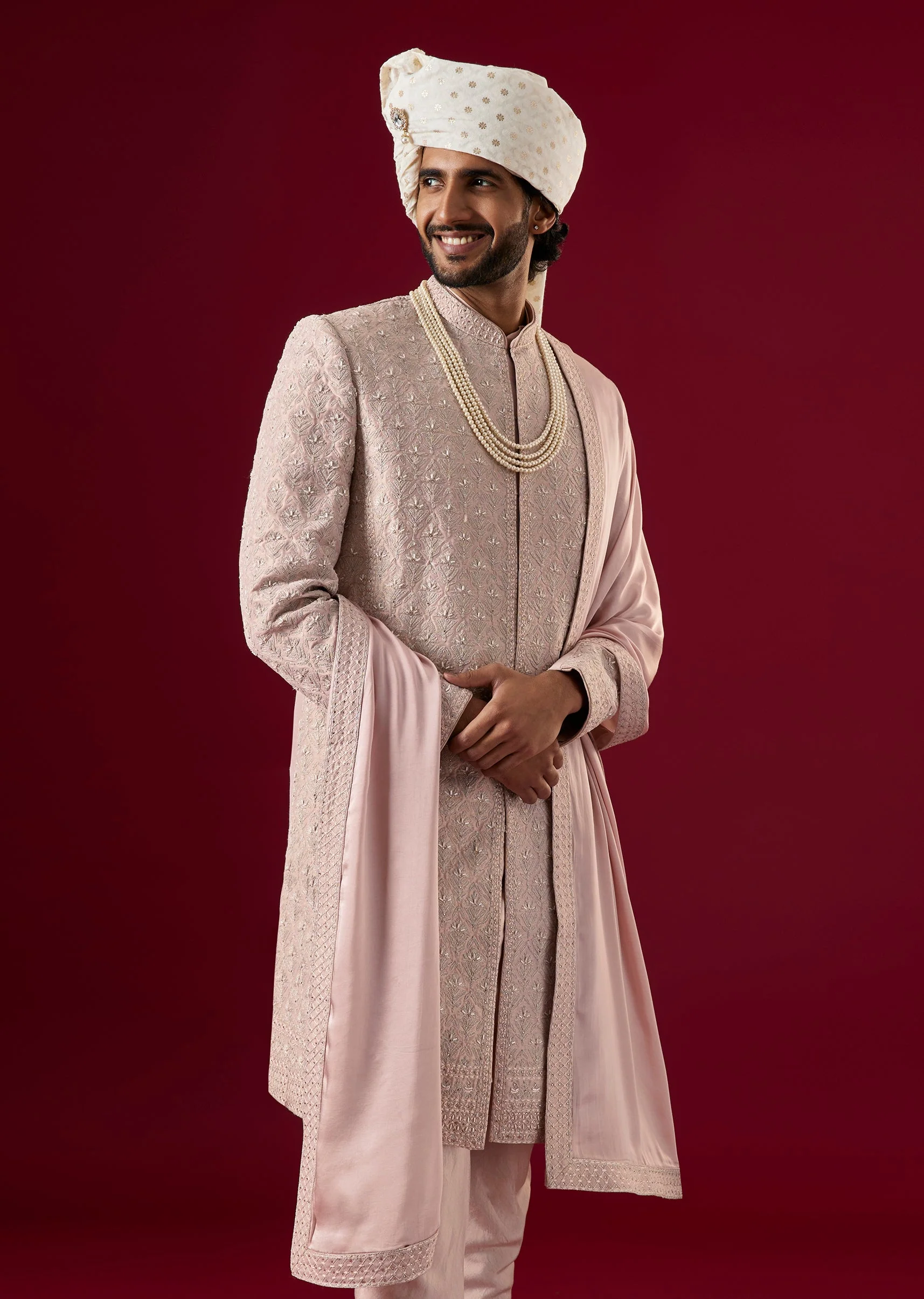 Lilac Silk Sherwani Set With Zari Work - Image 2