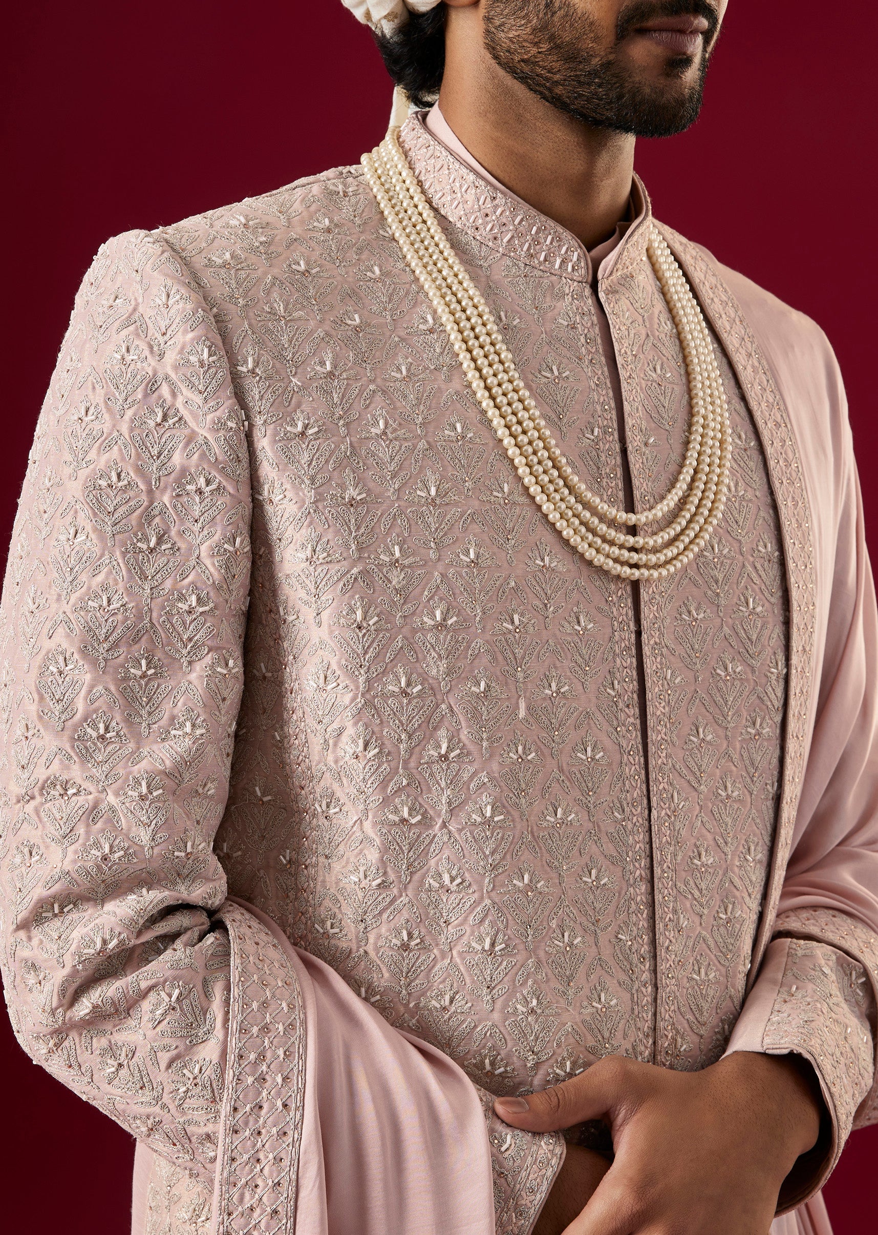 Lilac Silk Sherwani Set With Zari Work - Image 5