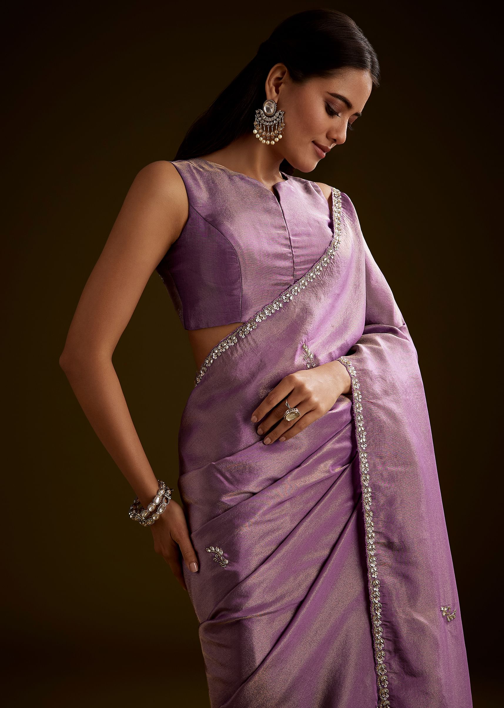 Lilac Tissue Saree With Cutdana Embroidery And Scallop Border - Image 3