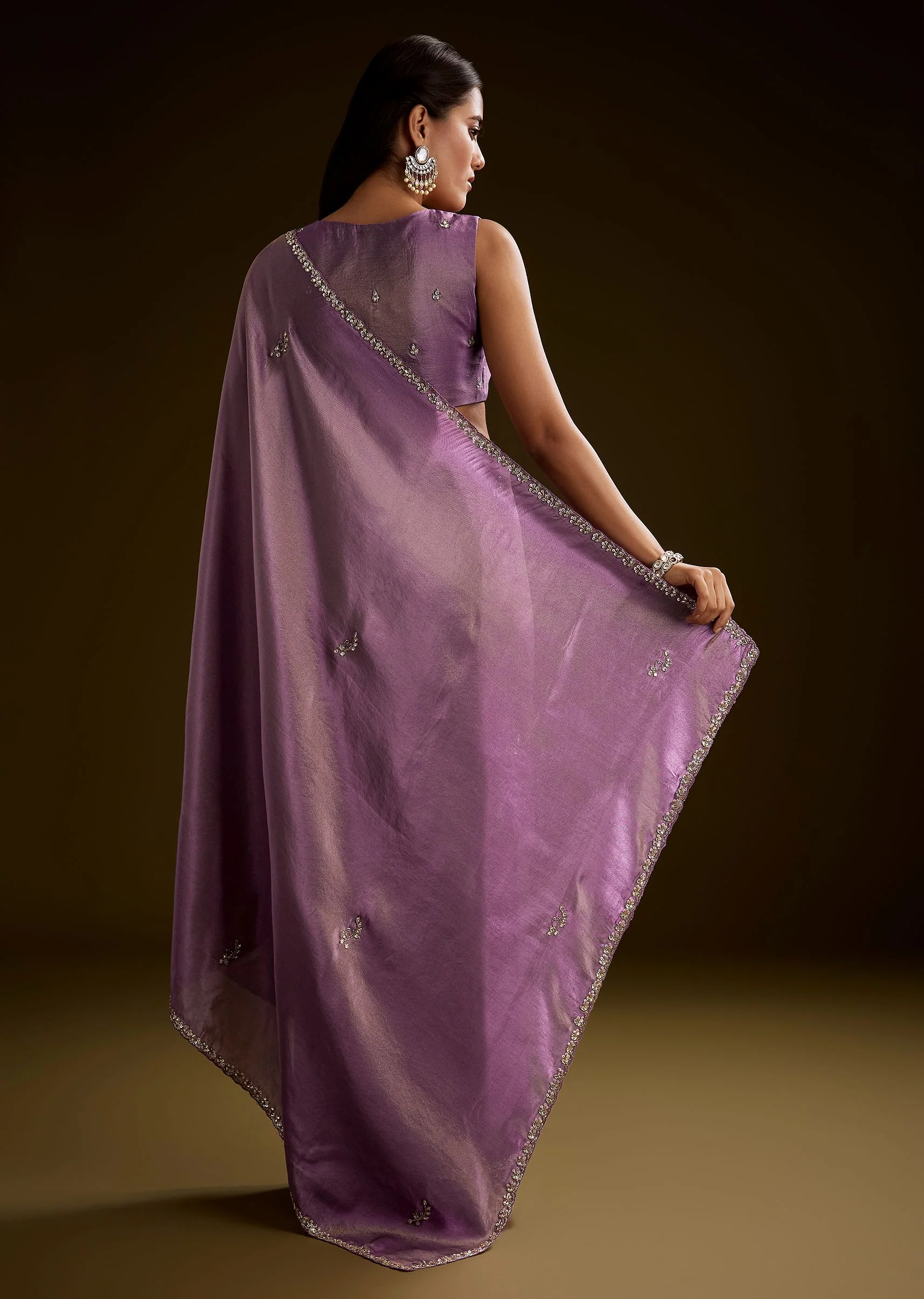 Lilac Tissue Saree With Cutdana Embroidery And Scallop Border - Image 5